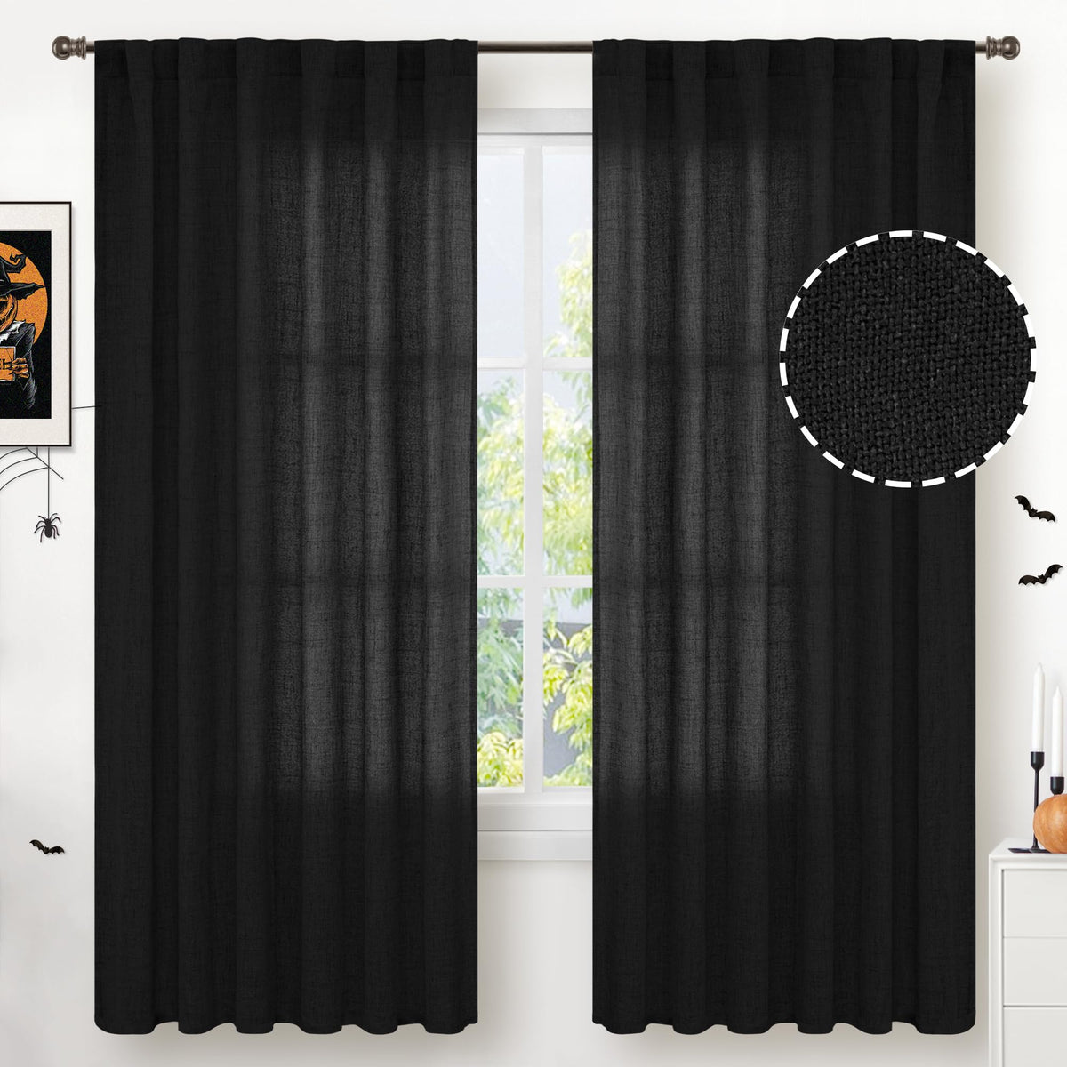 Black Linen Semi Sheer Curtains 52 X 72 Inch Length 2 Panels (2 Count)