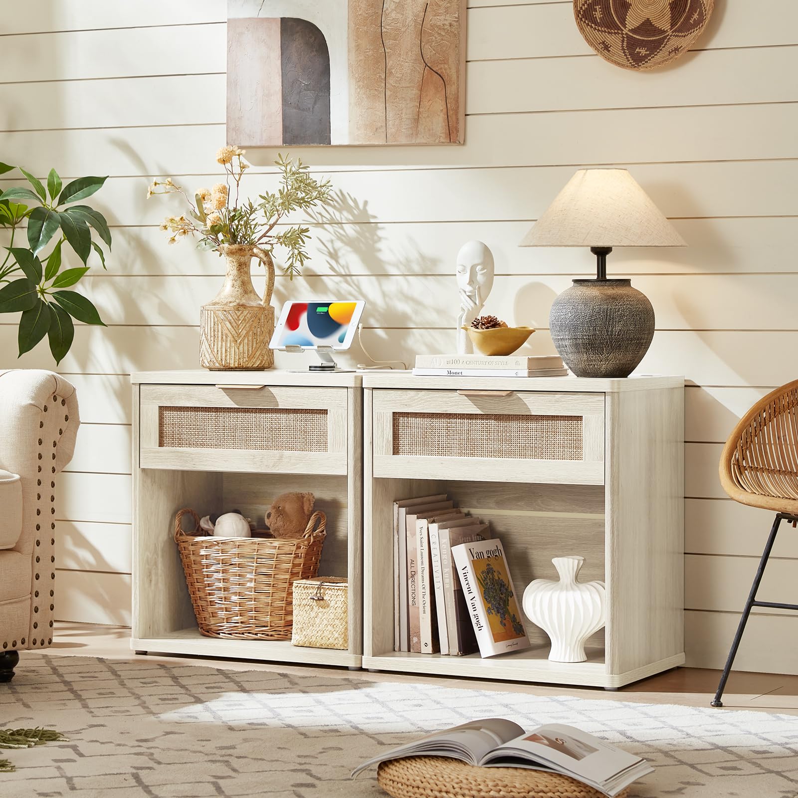 Rattan Nightstands Set of 2 with Charging Station (2 Count)
