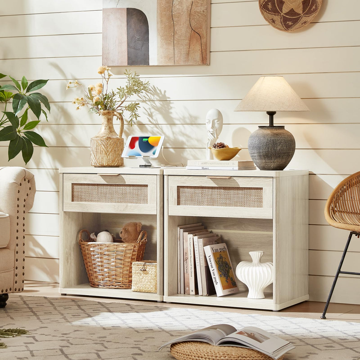 Rattan Nightstand with Charging Station