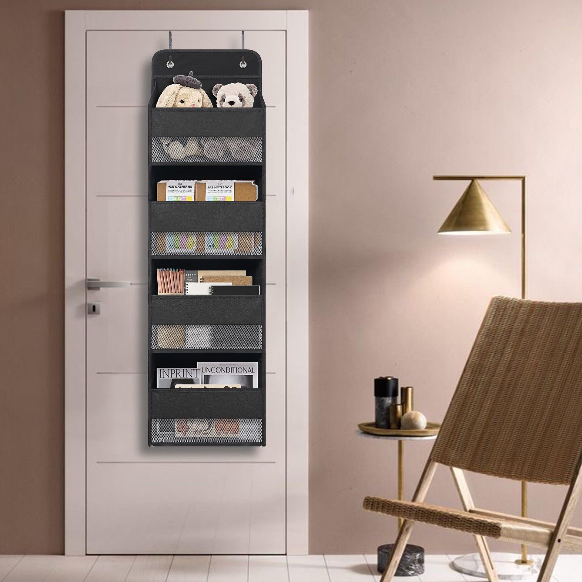 Black Over Door Organizer with 4 Large Clear Pockets
