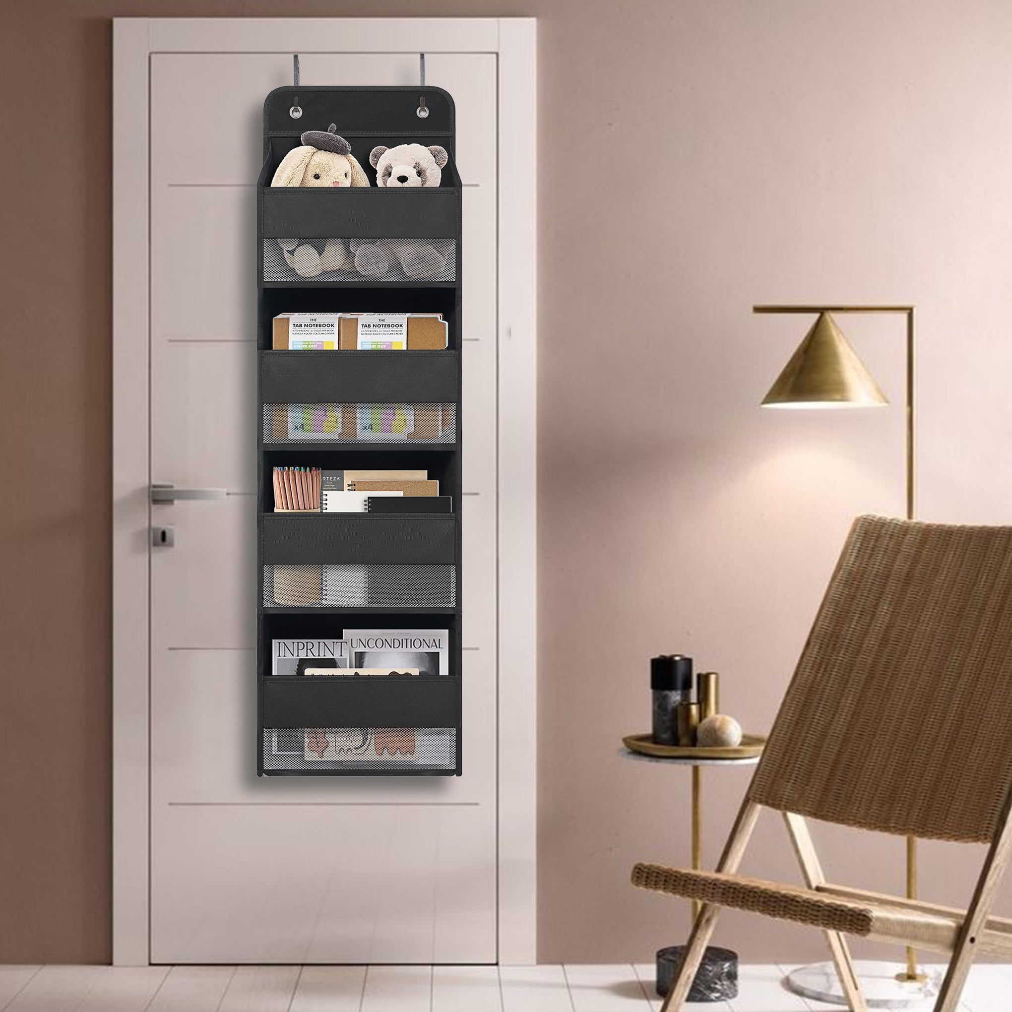 Black Over Door Organizer with 4 Large Clear Pockets