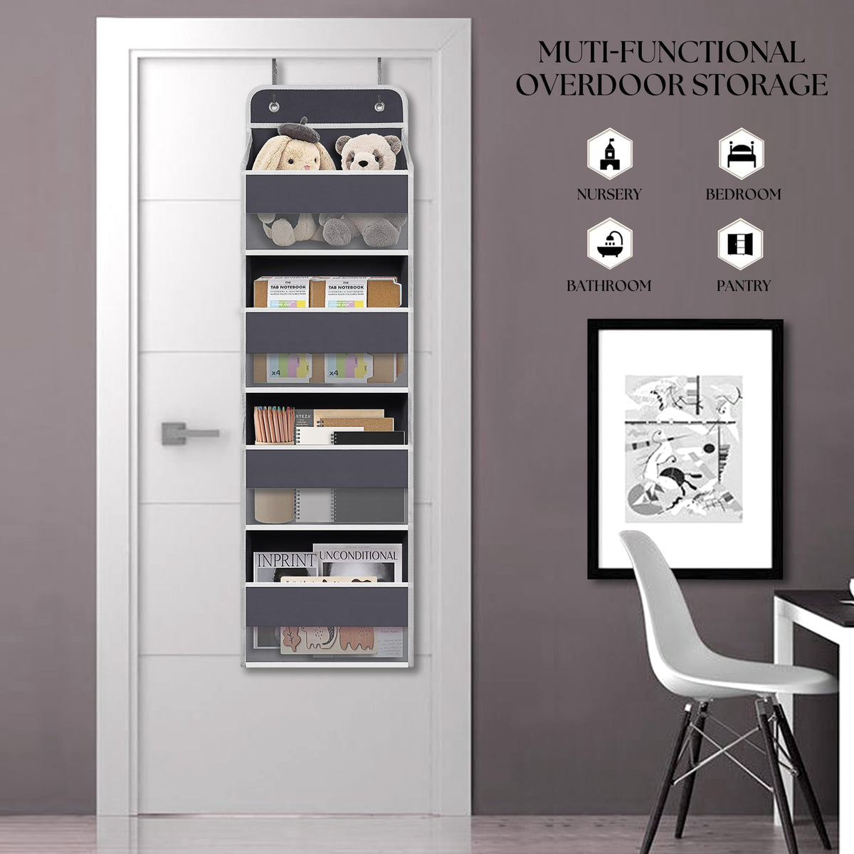 Gray Over Door Organizer with 4 Large Clear Pockets