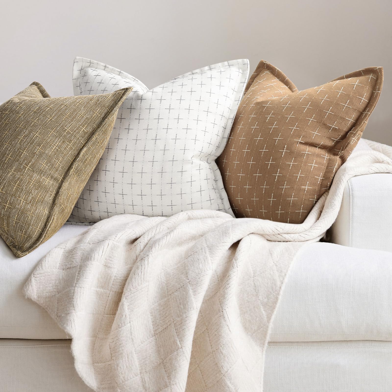 Throw Pillow Pillow Covers 22x22 Set of 2 Soft Polyester Textured Pillow Covers with Stylish Flange Edge Cozy Farmhouse Throw Pillows for Couch Bed Sofa Living Room Camel (2 Count)