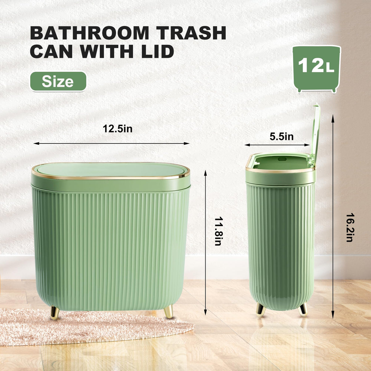 Bathroom Trash Can with Lid 3.2 Gallon Narrow Trash Can Small Plastic Trash Bin 12 Liter with Press Type Lid for Bedroom Bathroom