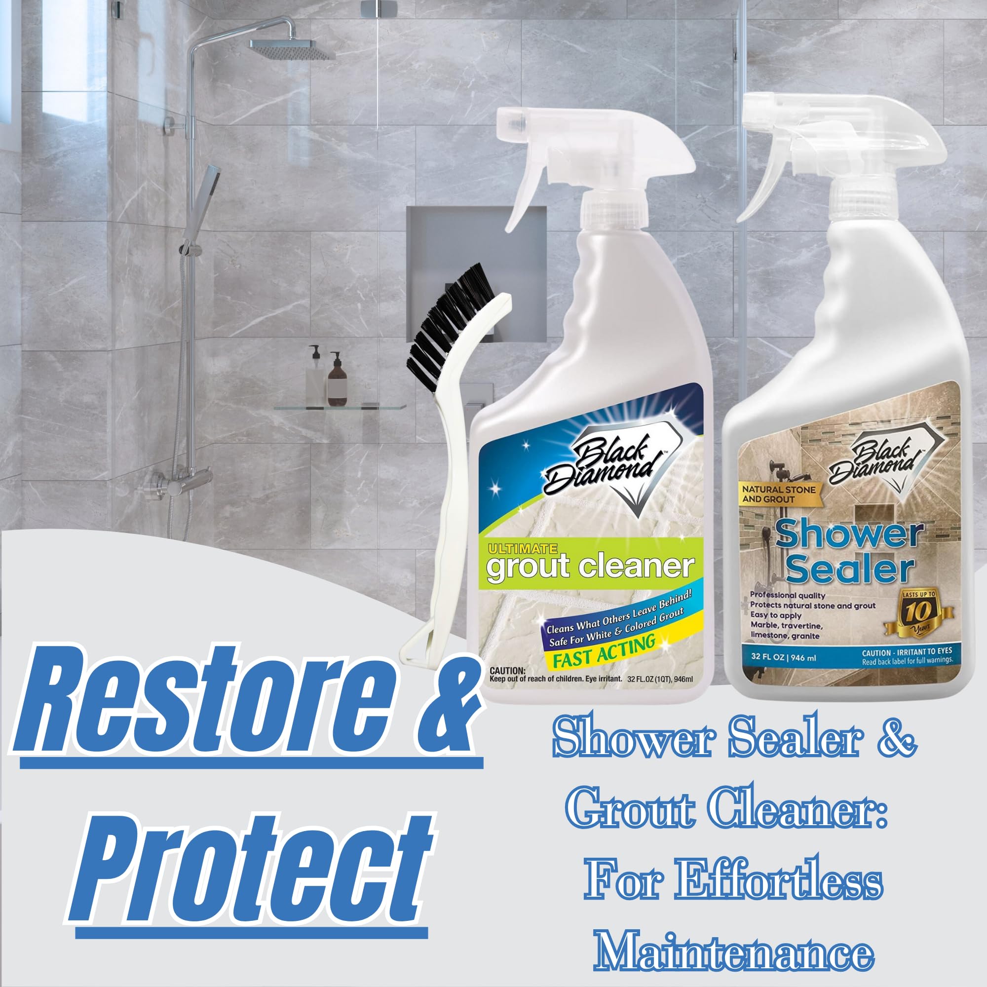 Natural Stone Shower Sealer Quart + Ultimate Grout Cleaner with Brush Quart (64 Fl Oz)