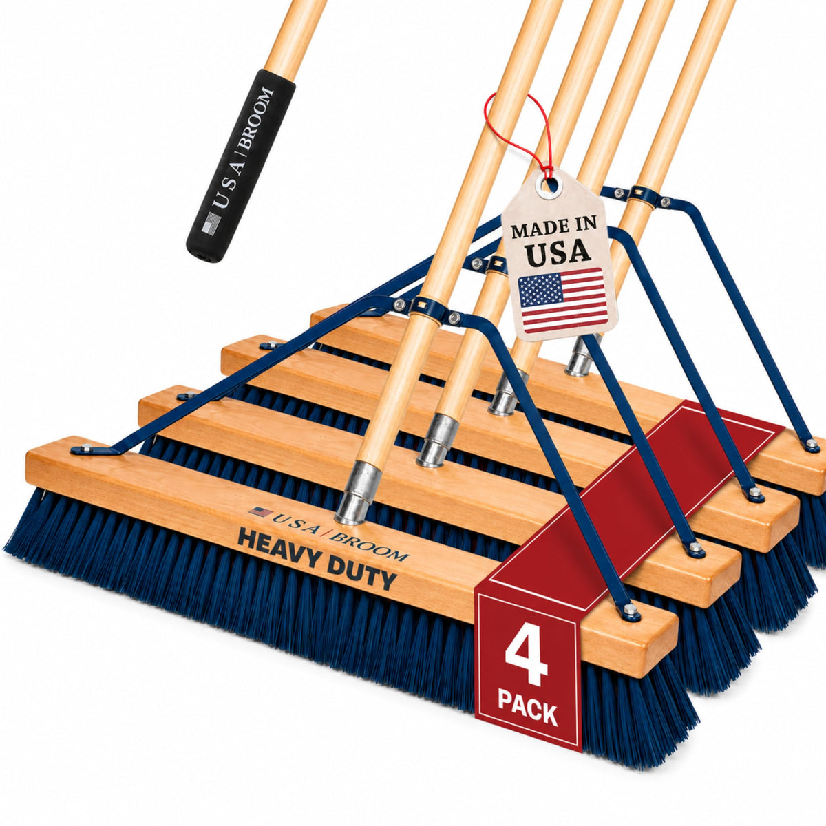 4-Pack - 24" Heavy Duty Outdoor Push Broom with 60" Handle. Ideal for Asphalt, Concrete & Heavy Debris. Durable American Made Steel Brackets-Stainless Steel Hardware. No Plastic. 100% USA Made (4 Count)