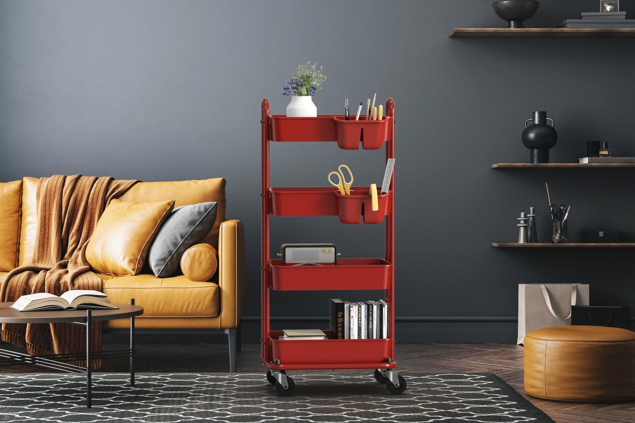 4 Tier Rolling Utility Cart with Hanging Bucket