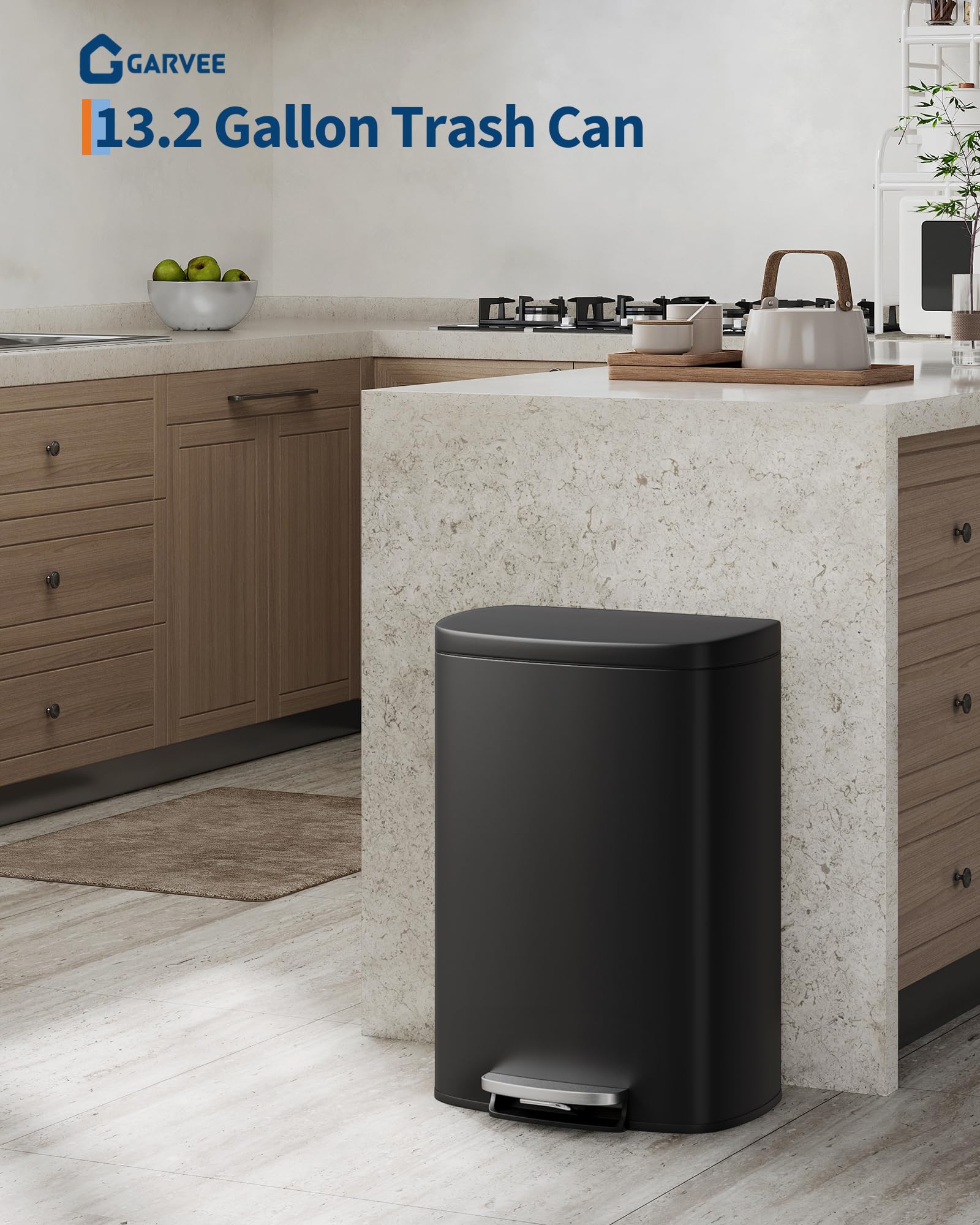 13 gal (50 L) and 2.6 gal (10 L) Metal Trash Can Combo Set, Rustproof Garbage Can with Lid, Step-on Trash Bin with Inner Bucket, Rear Handle, Black