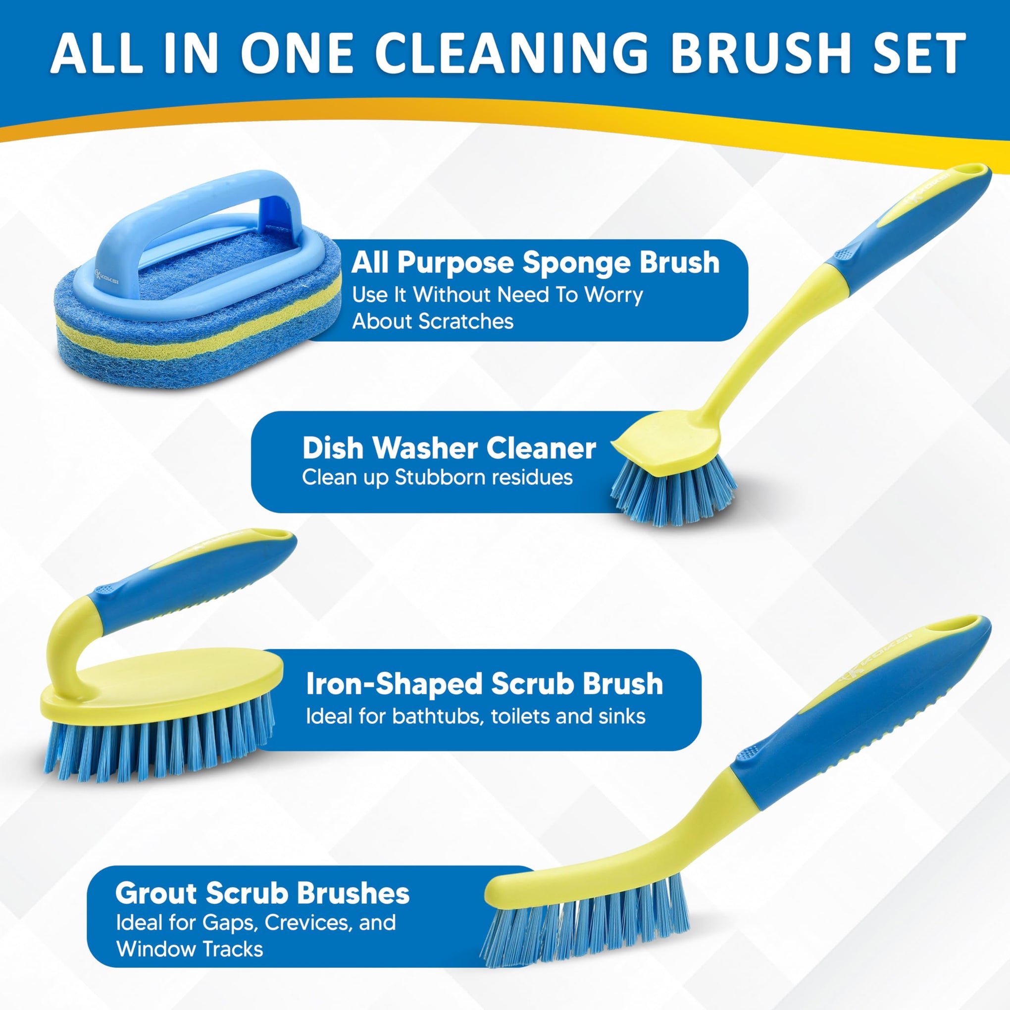 Scrub Brush Set for Bathroom Kitchen Bathtub Toilet Deep Cleaning Brush Tools All Purpose Cleaner Sponge Scrubbing Brushes with Ergonomic Handle (4 Count)