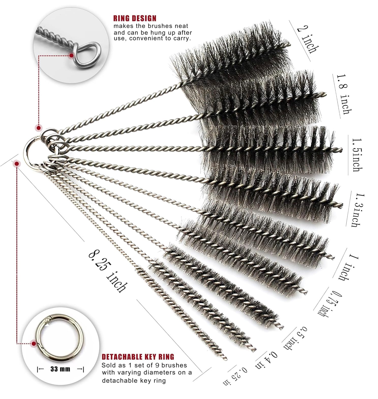 Pipe Cleaning Brush Set Stainless Steel Bristles