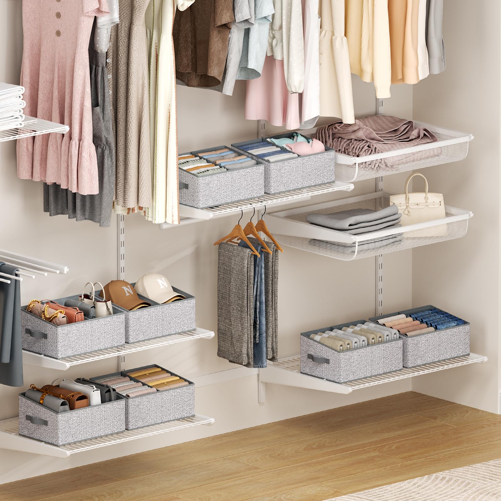 Large Closet Shelf Organizer Bins 6 Packs with Handles and Divider (6 Count)