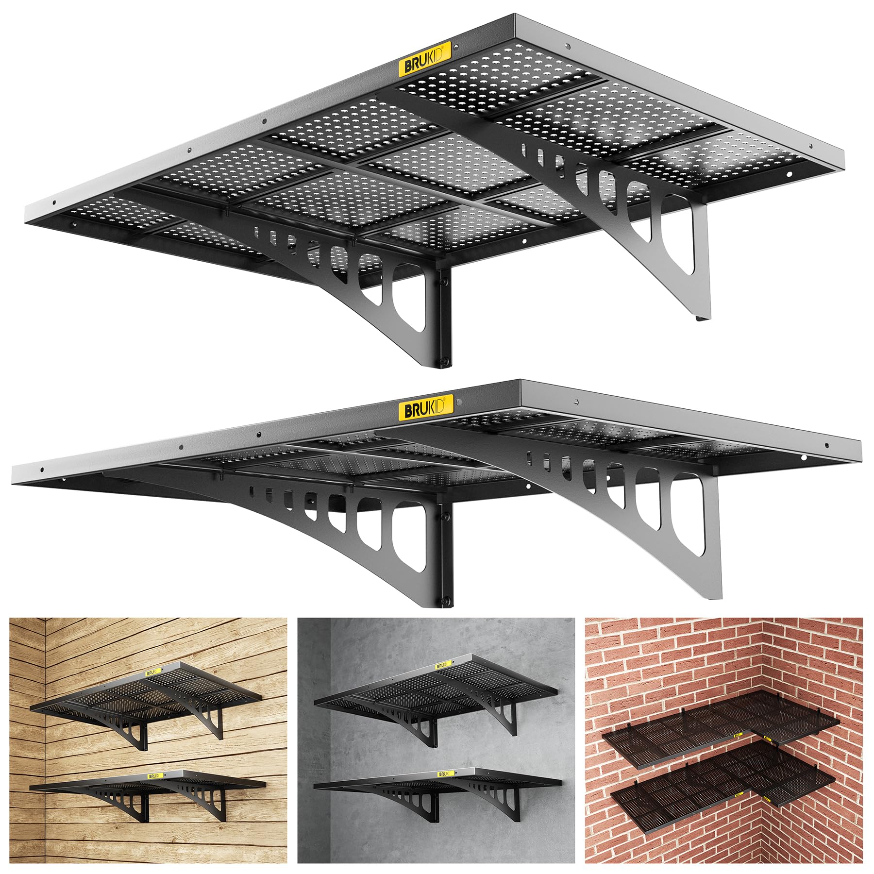 2Pack 2x3ft Adjustable Metal Garage Wall Shelving Heavy Duty Garage Storage Shelf Wall Mounted Black (2 Count)
