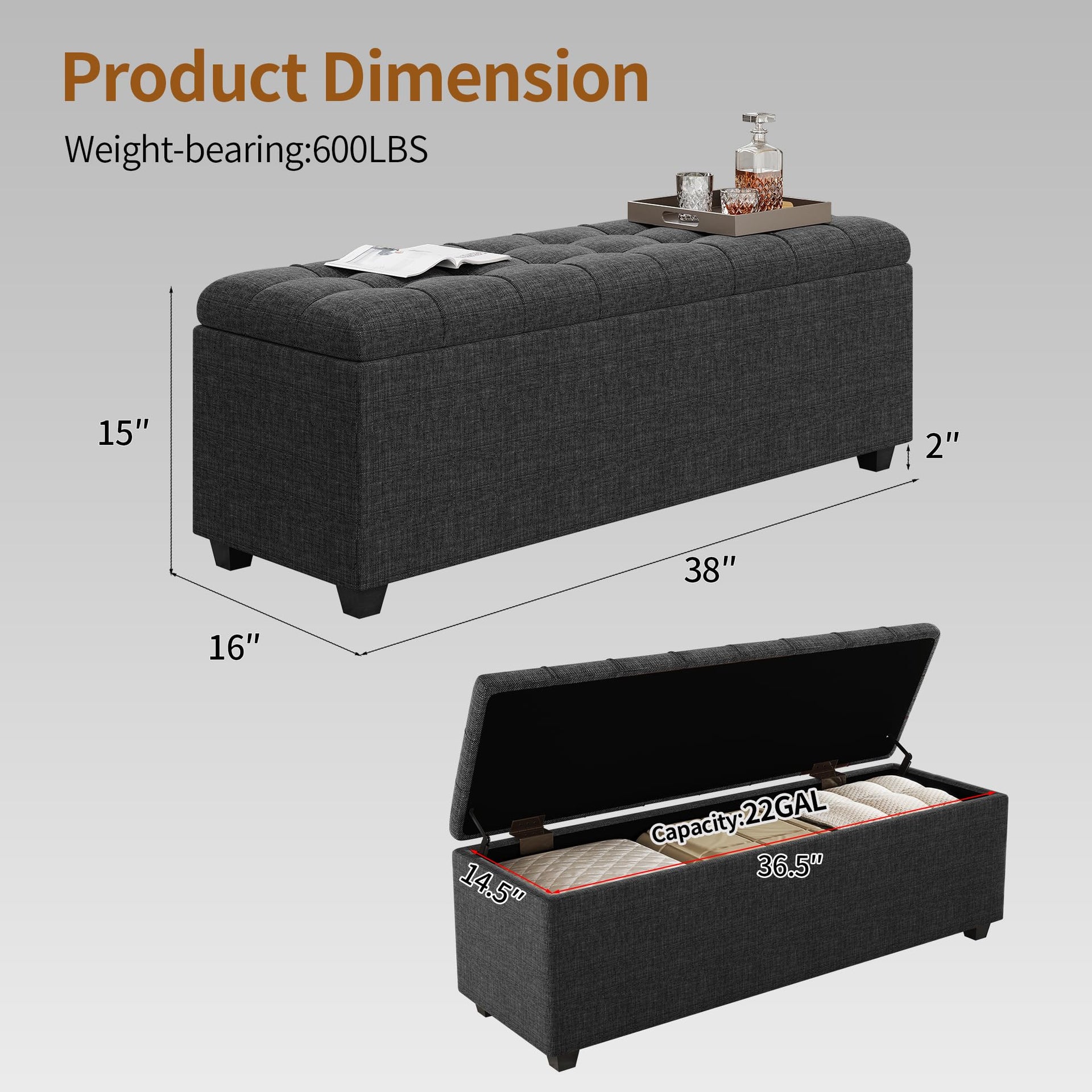 Soft Dark Grey 38" Large Storage Ottoman Bench with Hinged Lid and Footrest