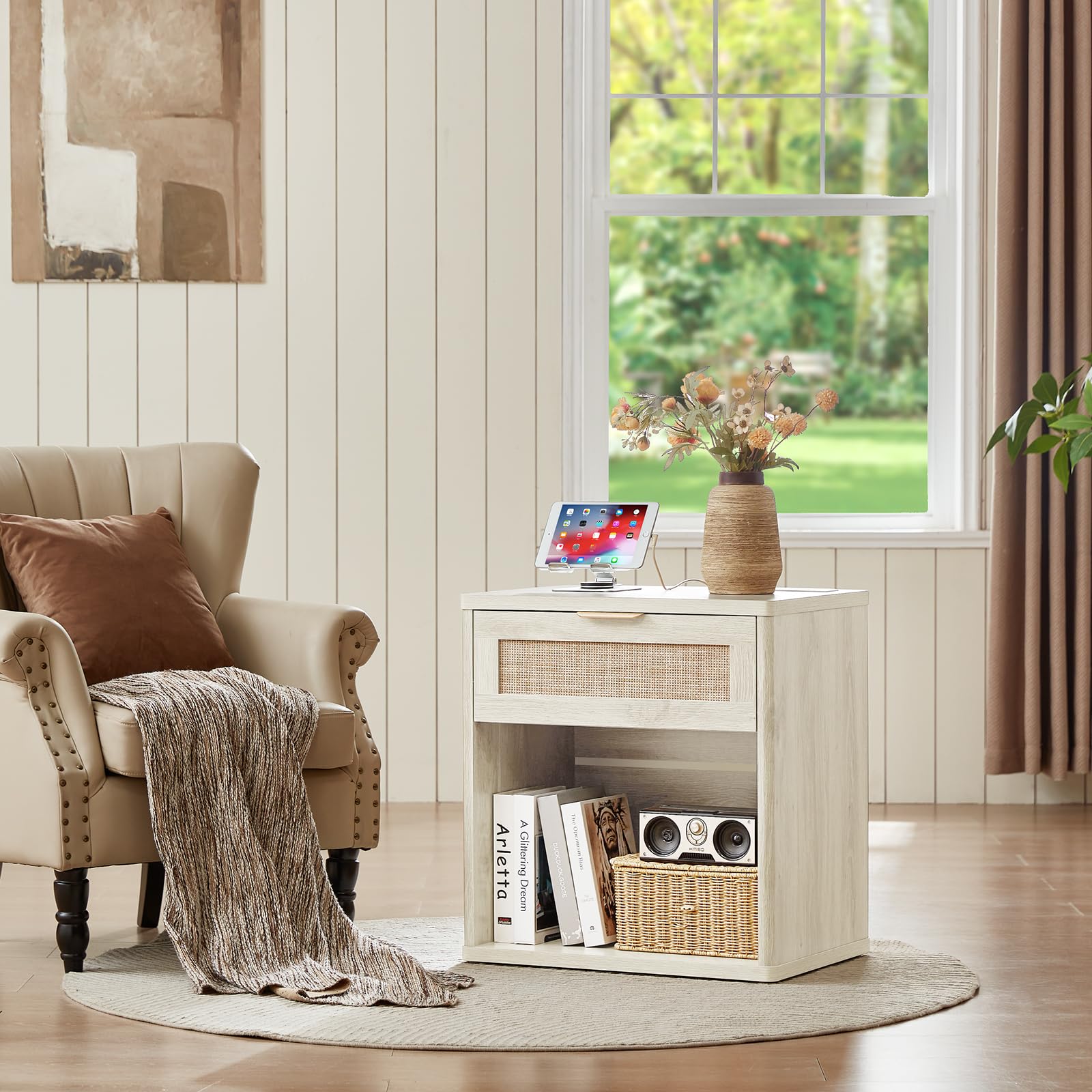 Rattan Nightstands Set of 2 with Charging Station (2 Count)