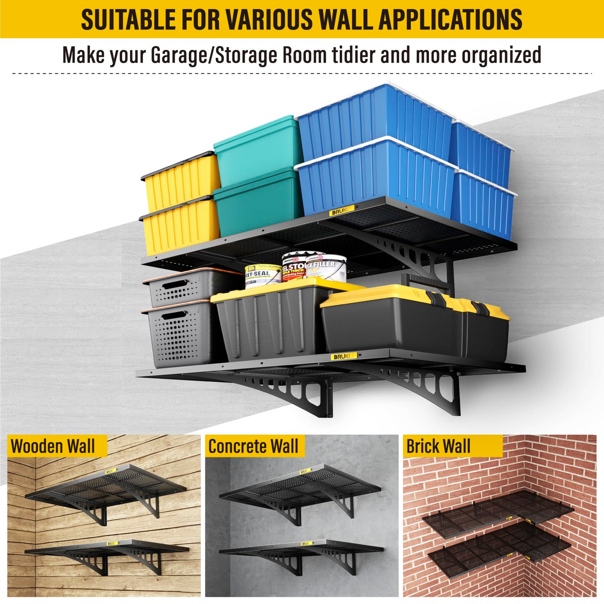 2Pack 2x3ft Adjustable Metal Garage Wall Shelving Heavy Duty Garage Storage Shelf Wall Mounted Black (2 Count)