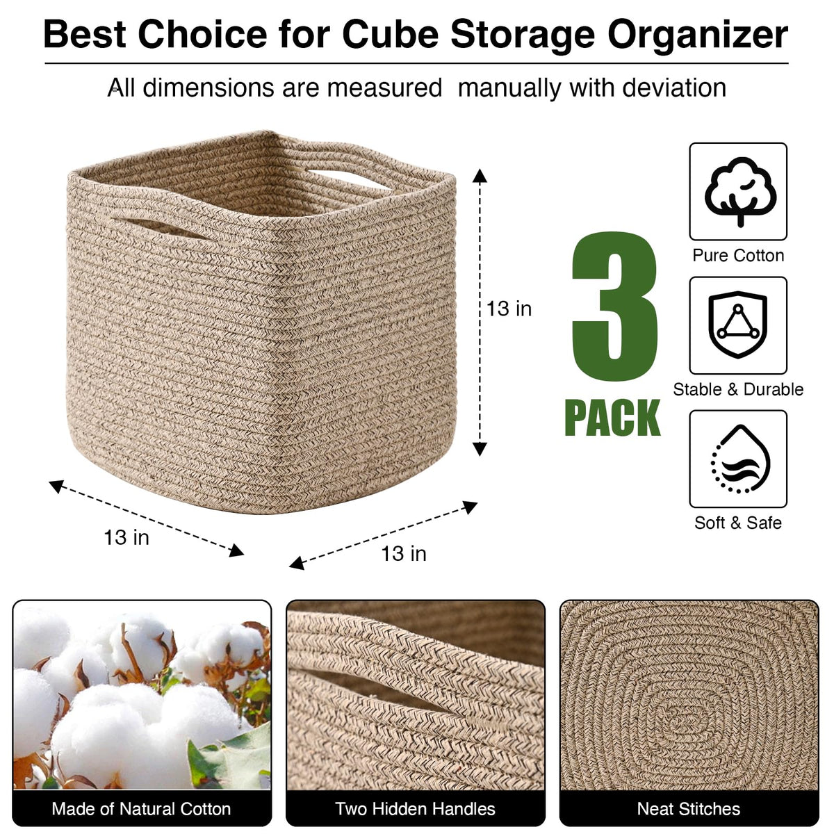 13 Inch Cube Closet Storage Bins 13x13x13 in (3 Count)
