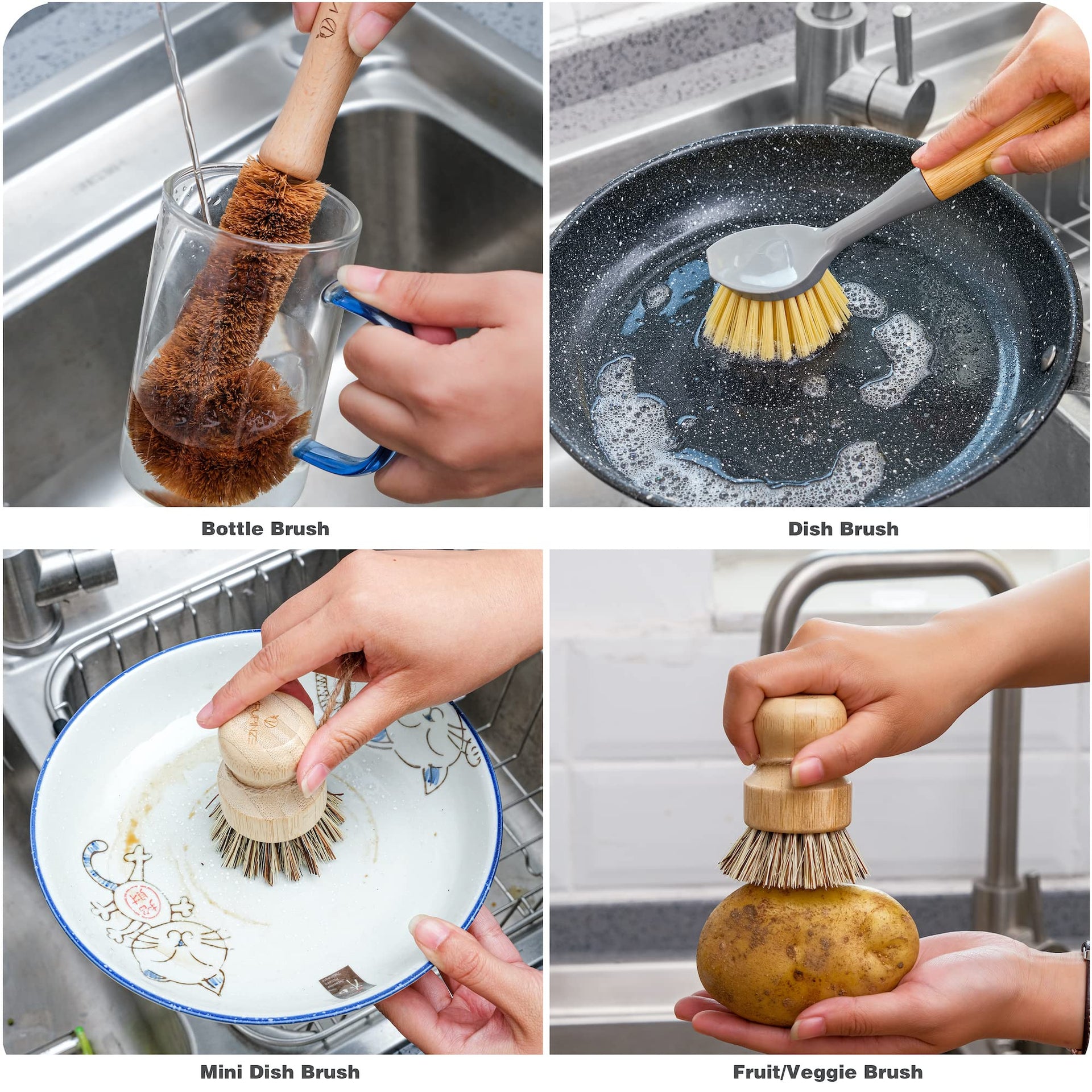 Natural Bamboo Dish Brush Bottle Scrub Brush 4
