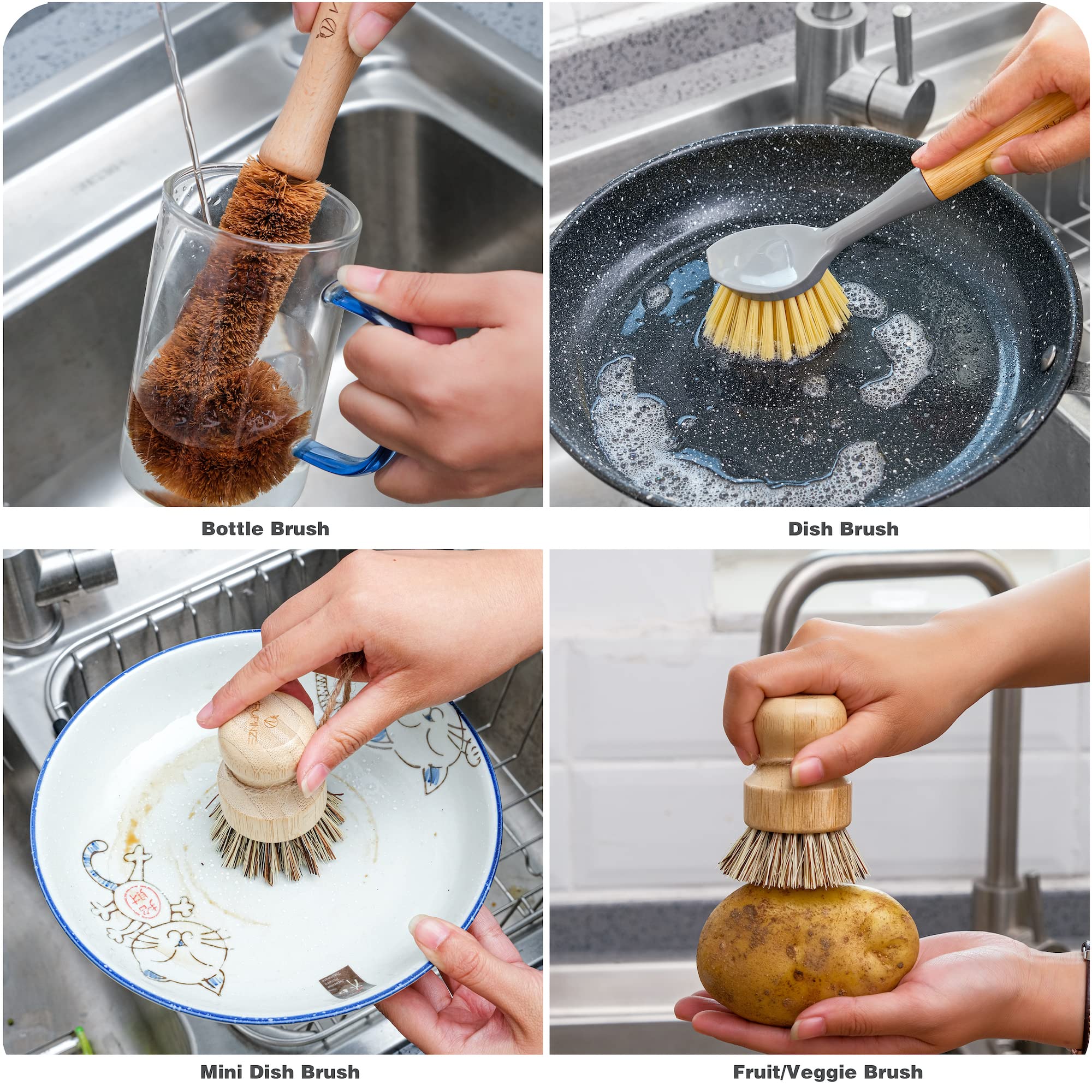 Natural Bamboo Dish Brush Bottle Scrub Brush 4