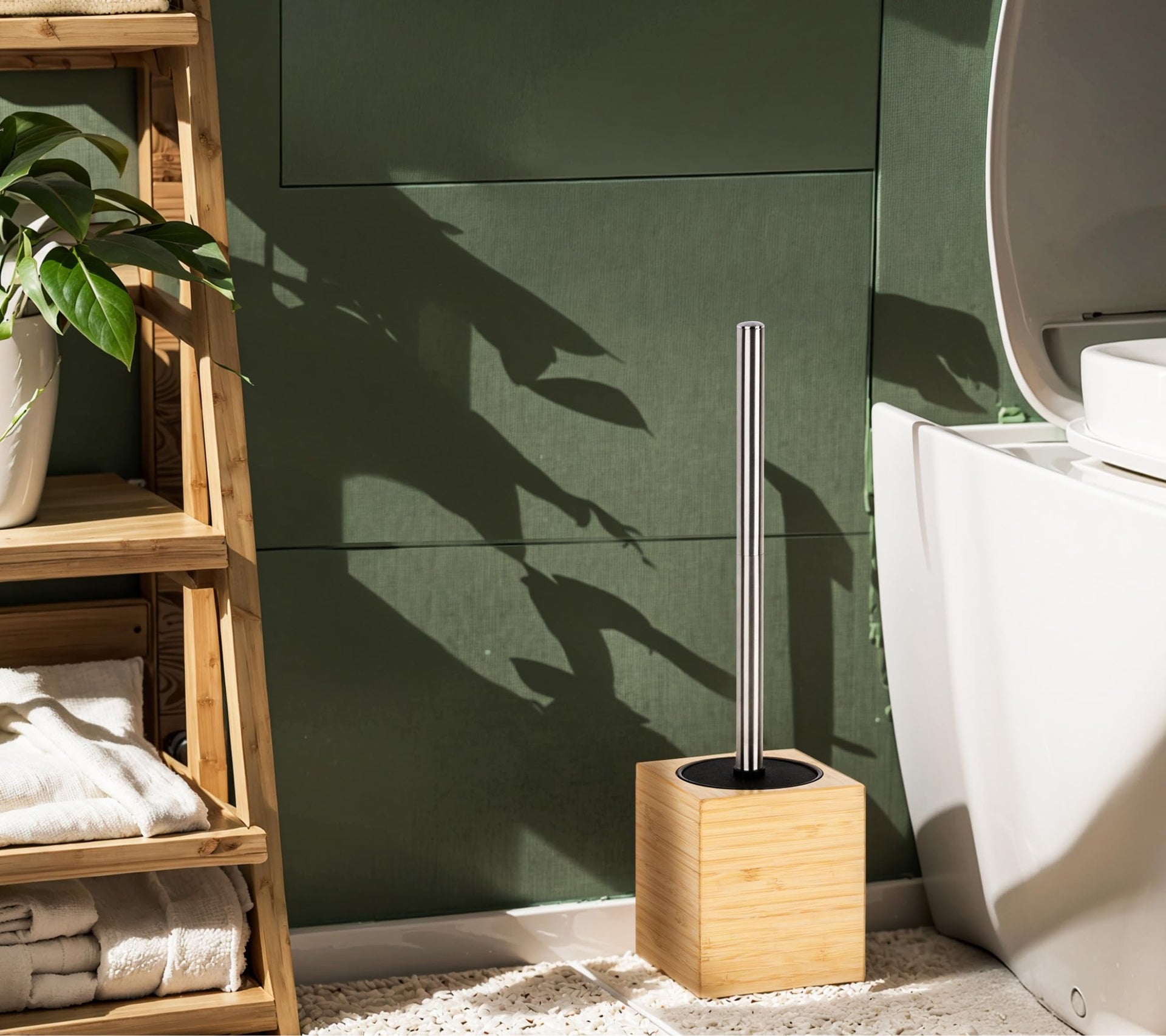Toilet Bowl Brush Holder with Bamboo and Stainless Steel for Durable Use