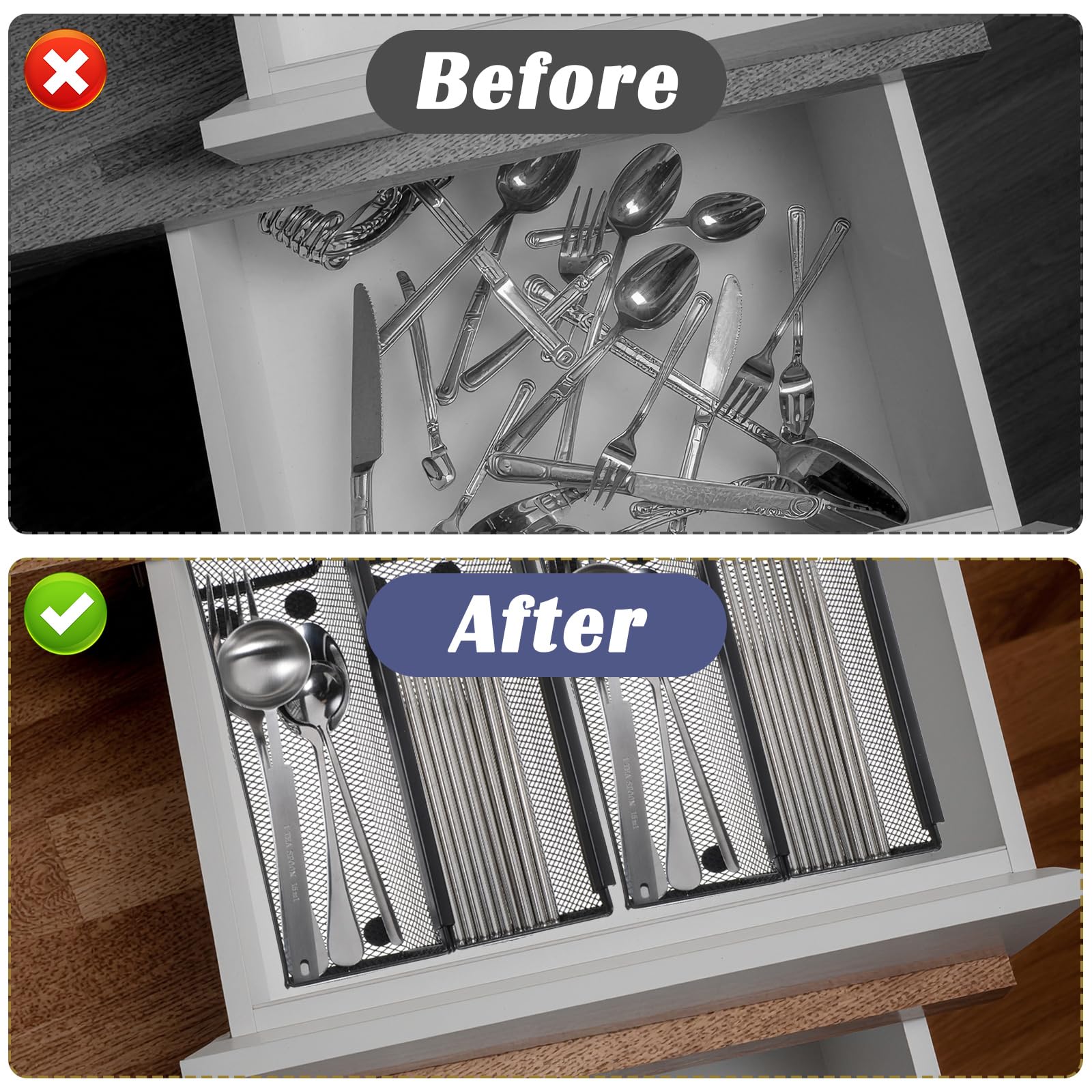 10 Pack Silverware Drawer Organizer 9 x 3 x 2 Inch Mesh Utensil Organizer for Kitchen Drawers with Interlocking Arm for Flatware Knives Spoons Fork Cosmetic Utensil Tabletop Storage Tray (10 Count)