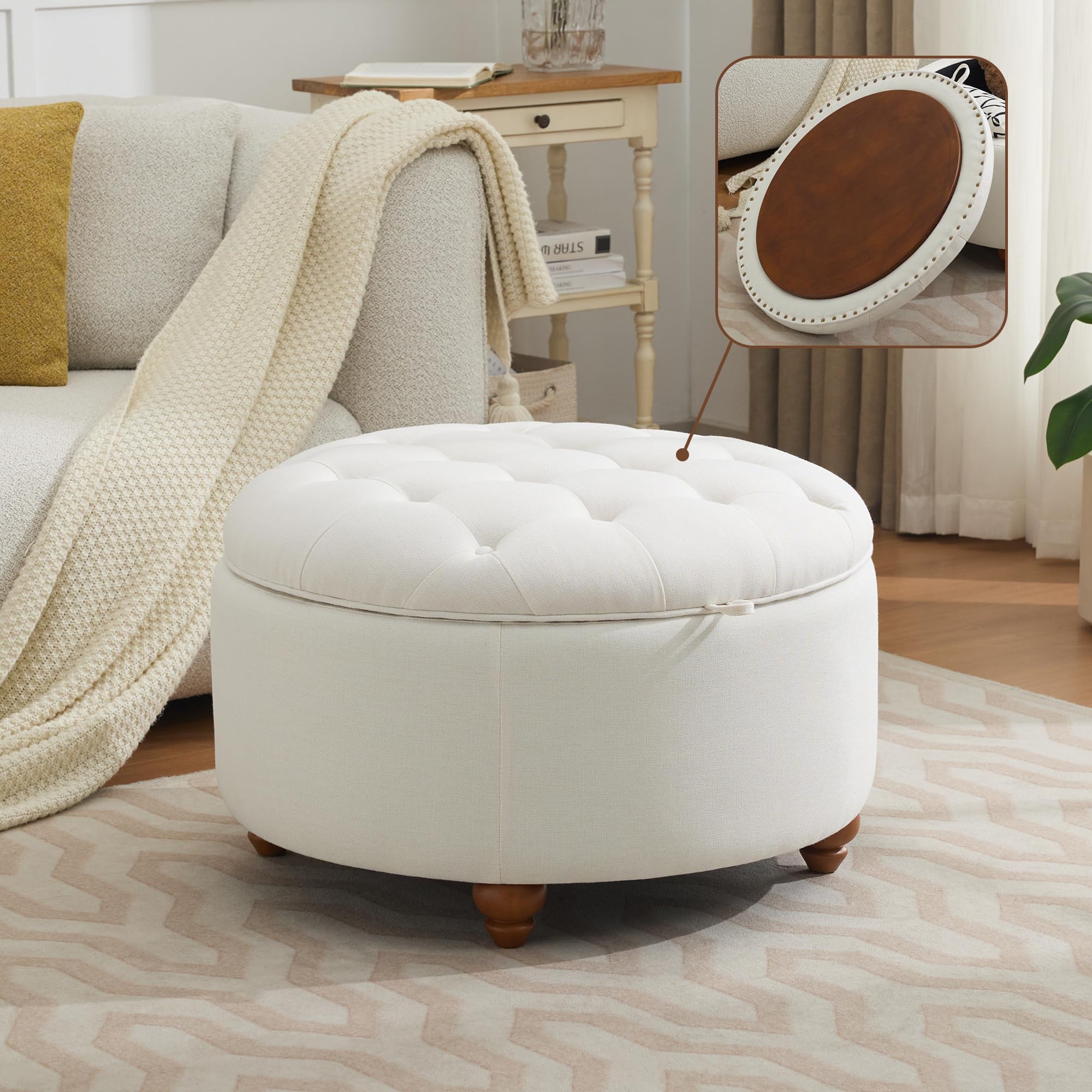 30Inch Round Storage Ottoman with Tray