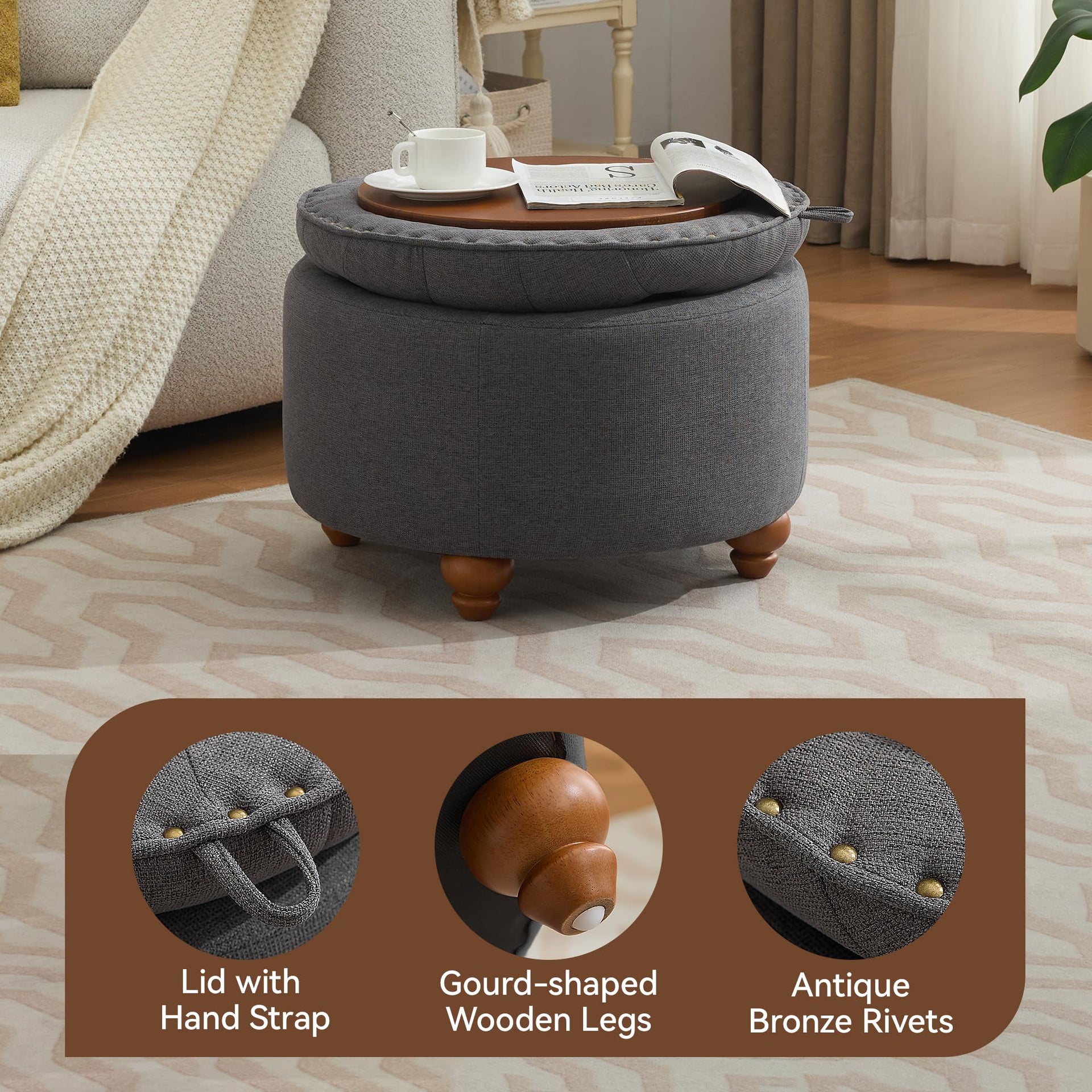 24Inch Round Storage Ottoman with Tray