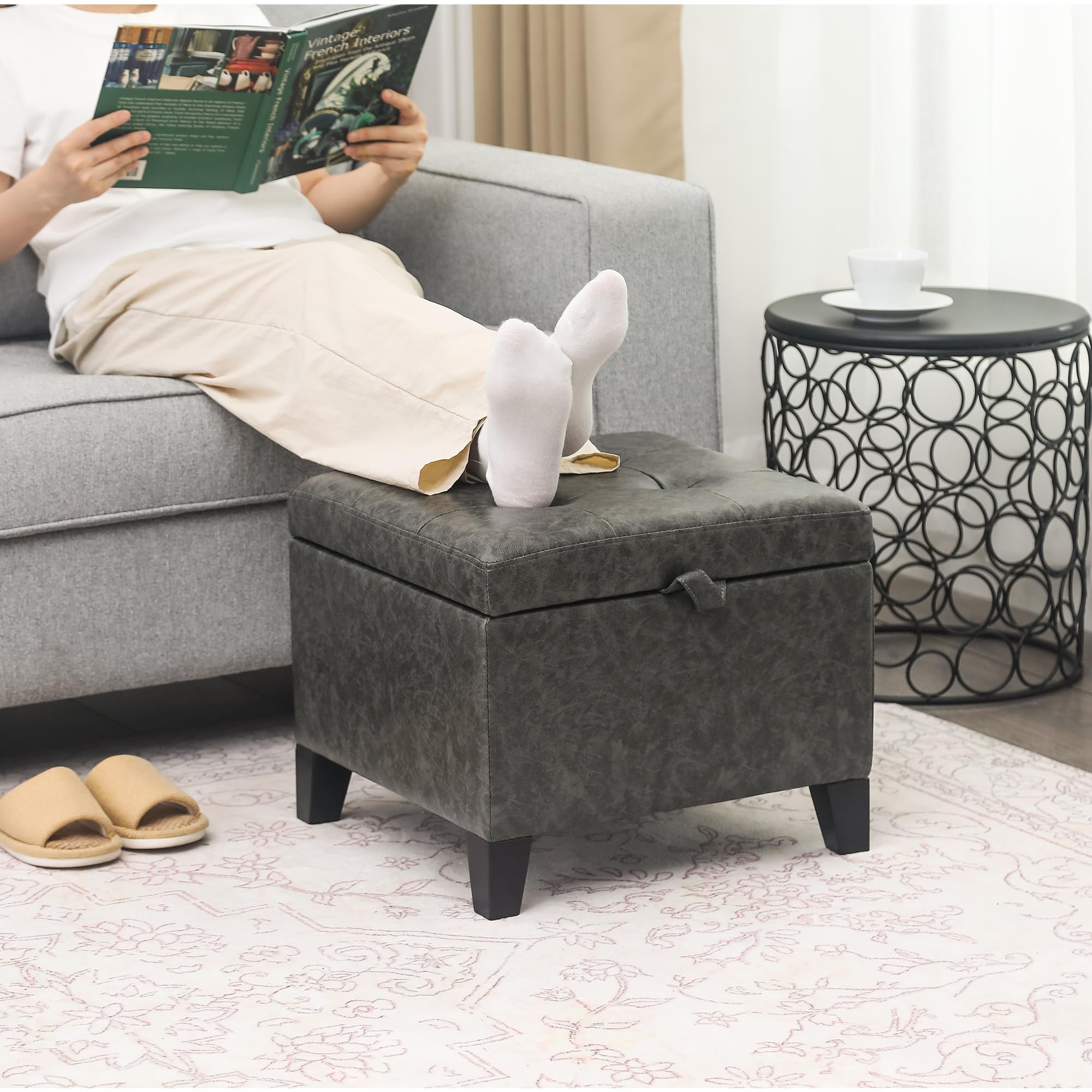 15.2" Square Faux Leather Storage Ottoman