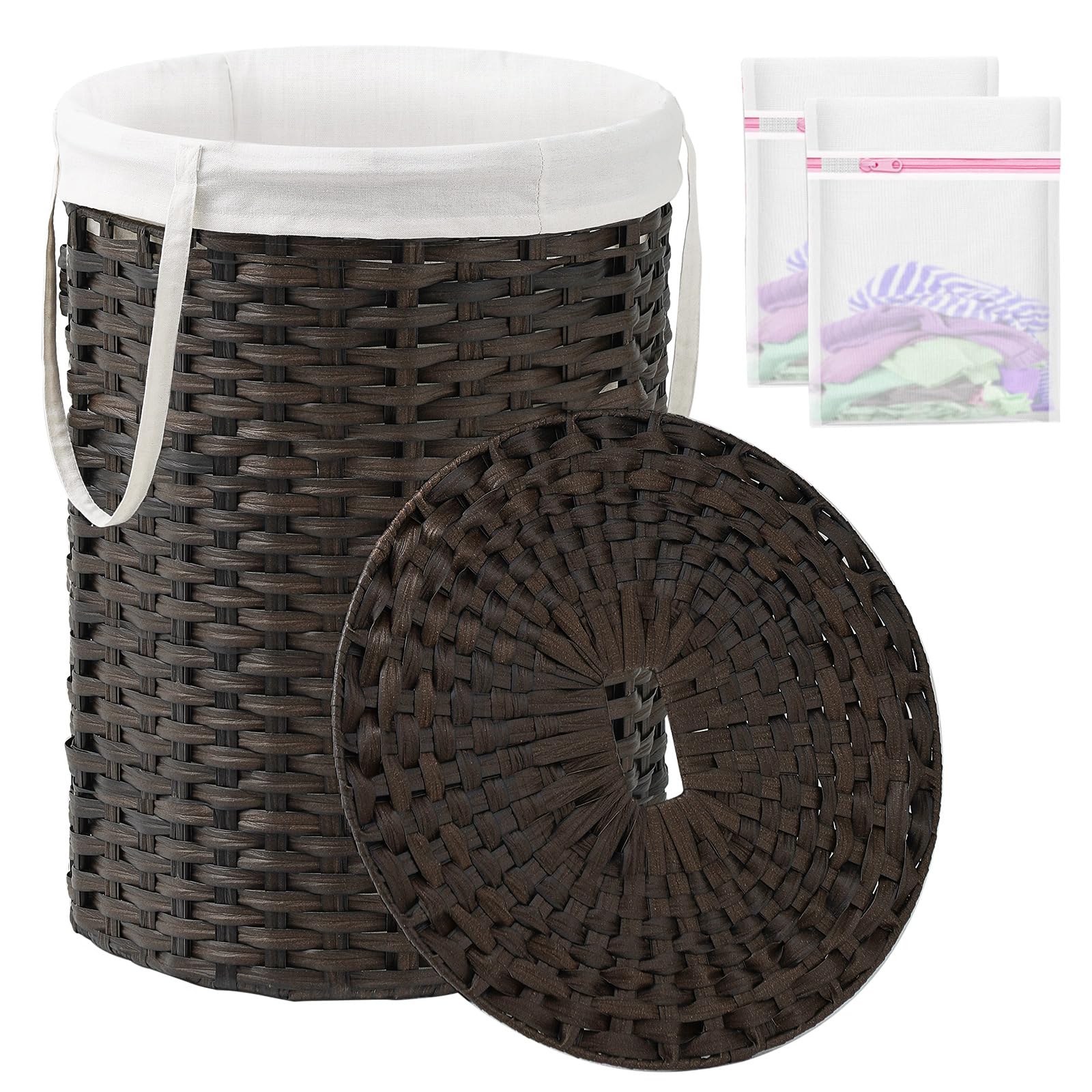 Laundry Basket with Lid Round Rattan PE Laundry Hamper