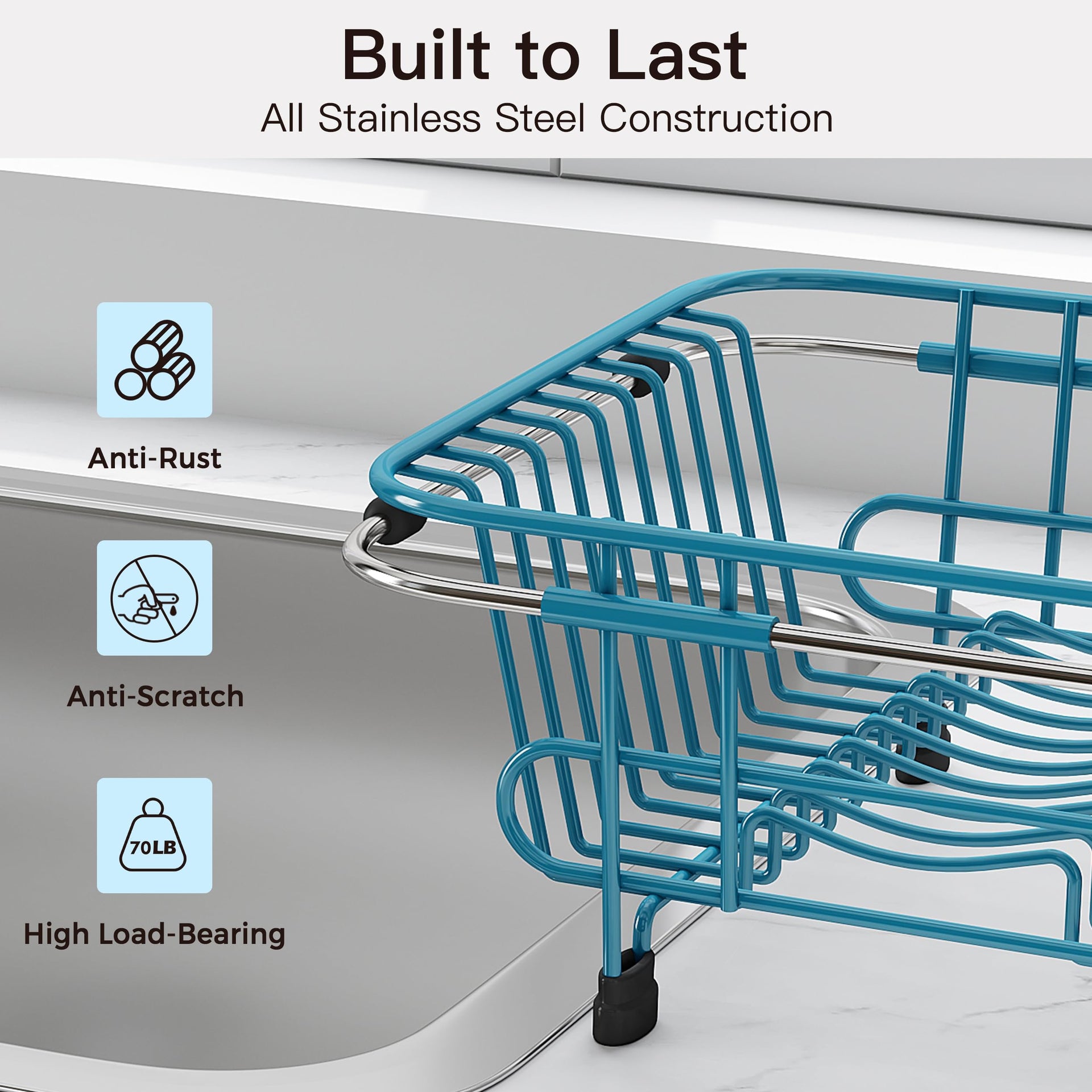 Blue Dish Drying Rack in Sink with Utensil Holder