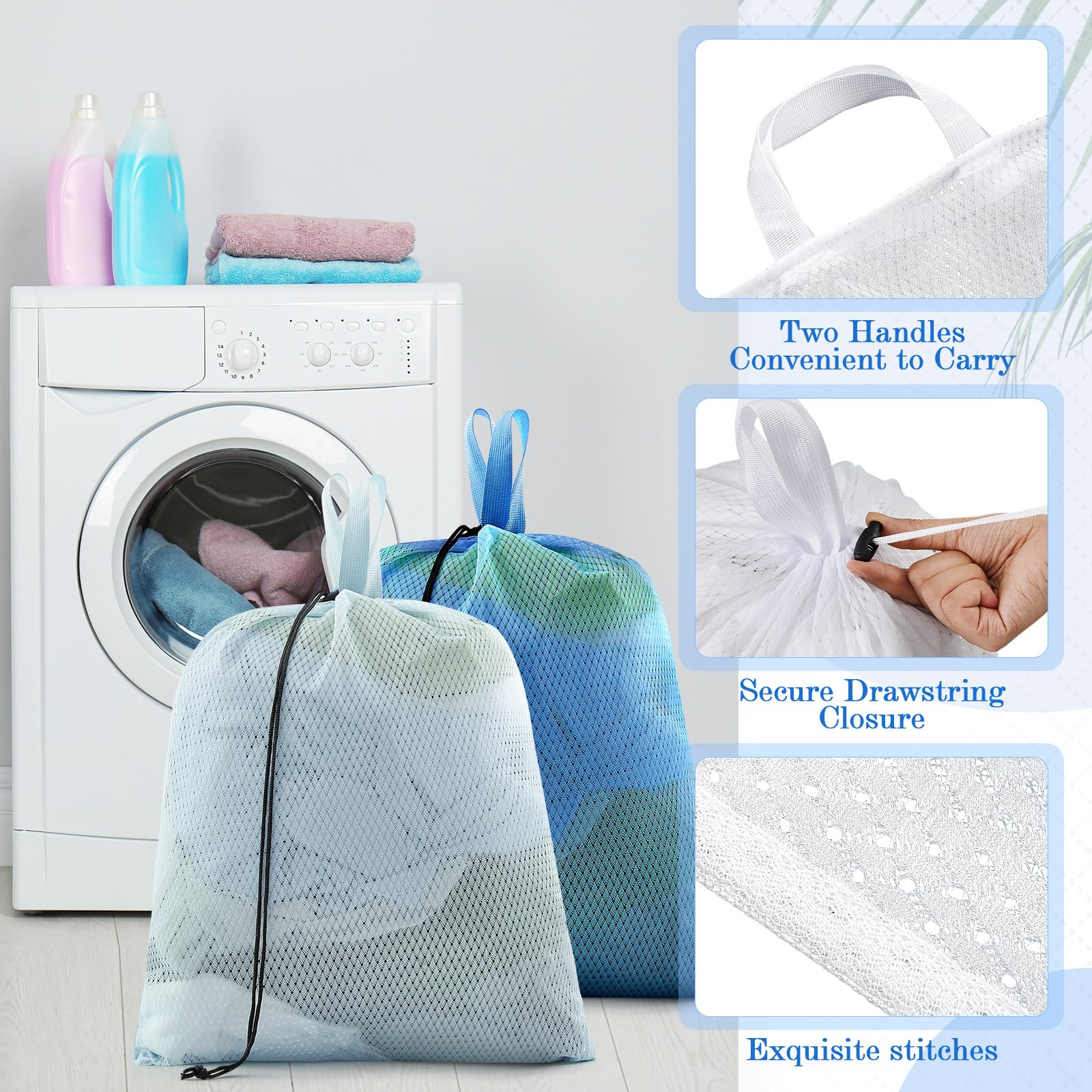 6 Pack 20 x 17 Inches Blue Soft Mesh Laundry Bag with Handles Machine Washable Secure Drawstring Closure Large Sturdy Mesh Net Laundry for College Travel Dorm Laundromat (6 Count)