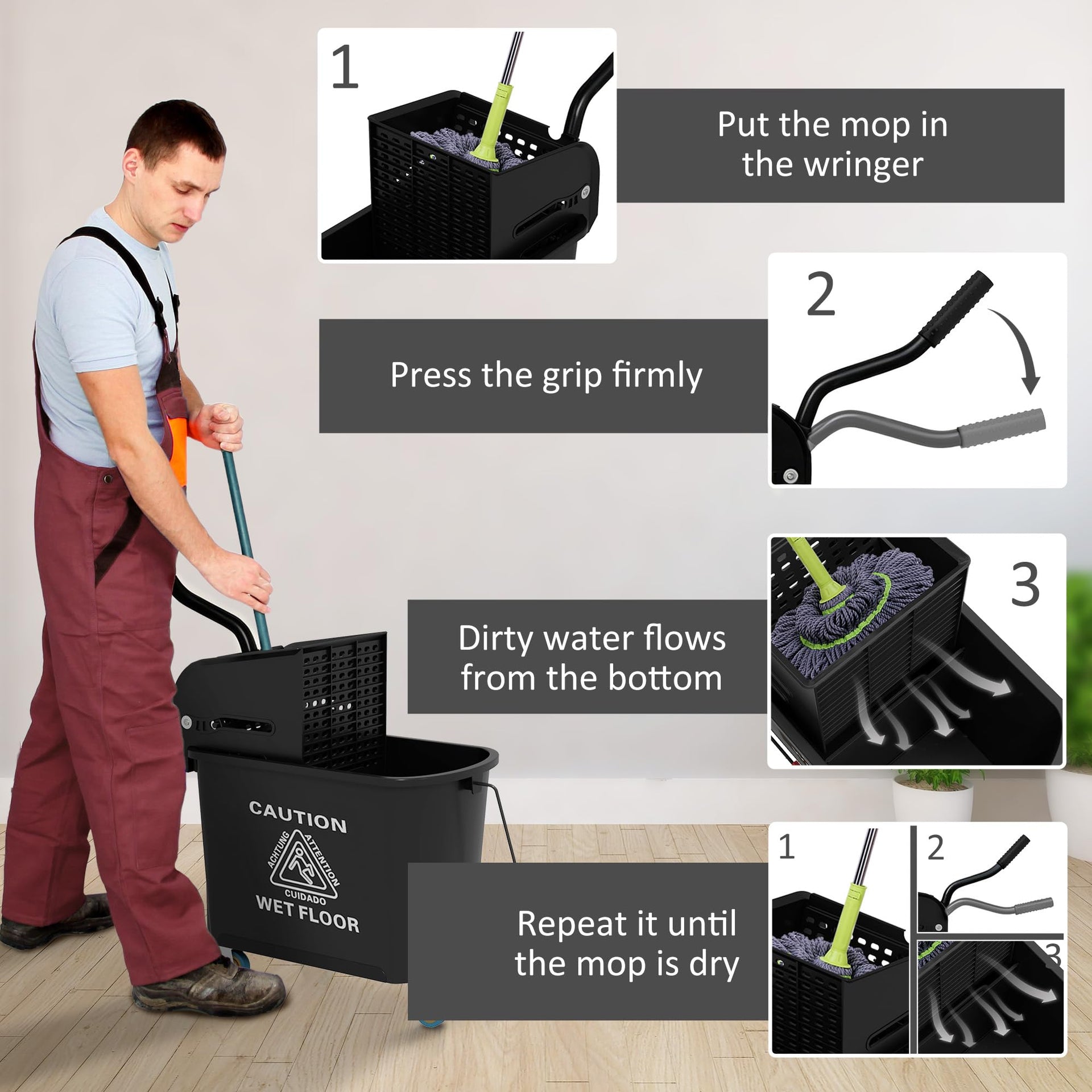 Commercial Mop Bucket Side Press Wringer Wheels 21 Quart Black