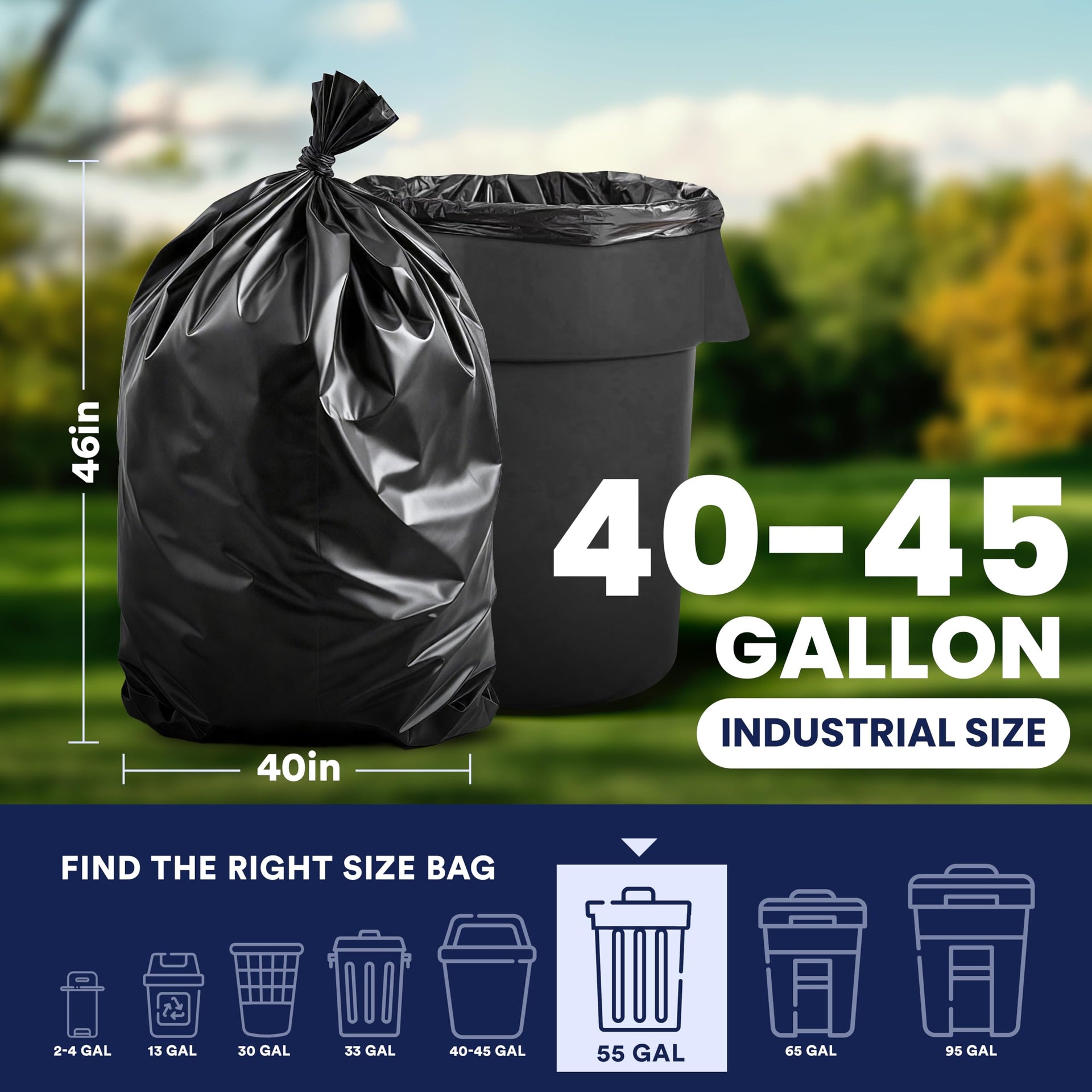 40 45 Gallon Trash Bags │ 2.3 Mil │ Black Heavy Duty Garbage Can Liners │ 40" x 46" (50 Count)