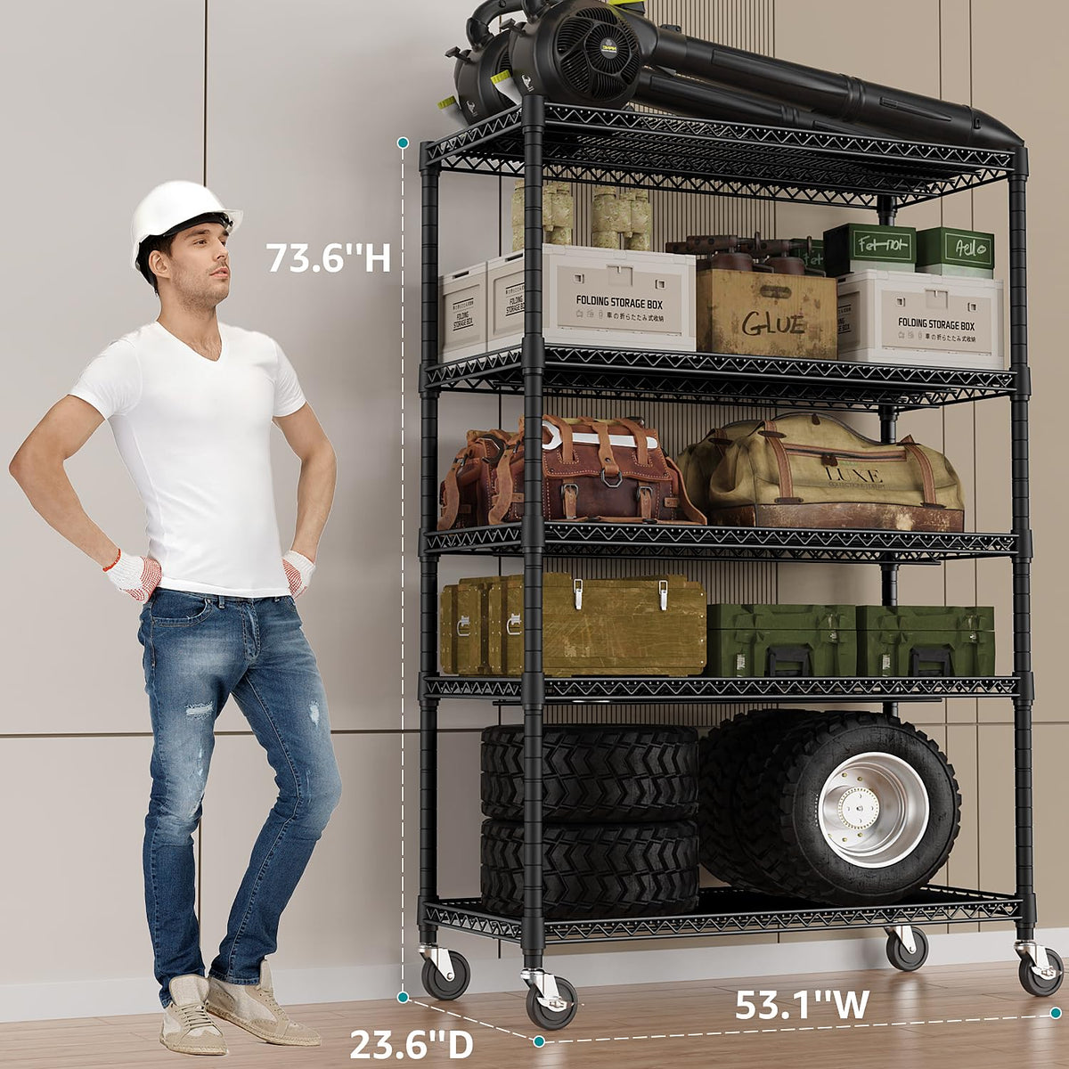 Garage Shelving Wide Storage Shelves 5 Tier Metal Shelves 4000 LBS Heavy Duty Adjustable Utility Shelf Rack Black 23.6" D x 53.1" W x 73.6" H (5 Count)