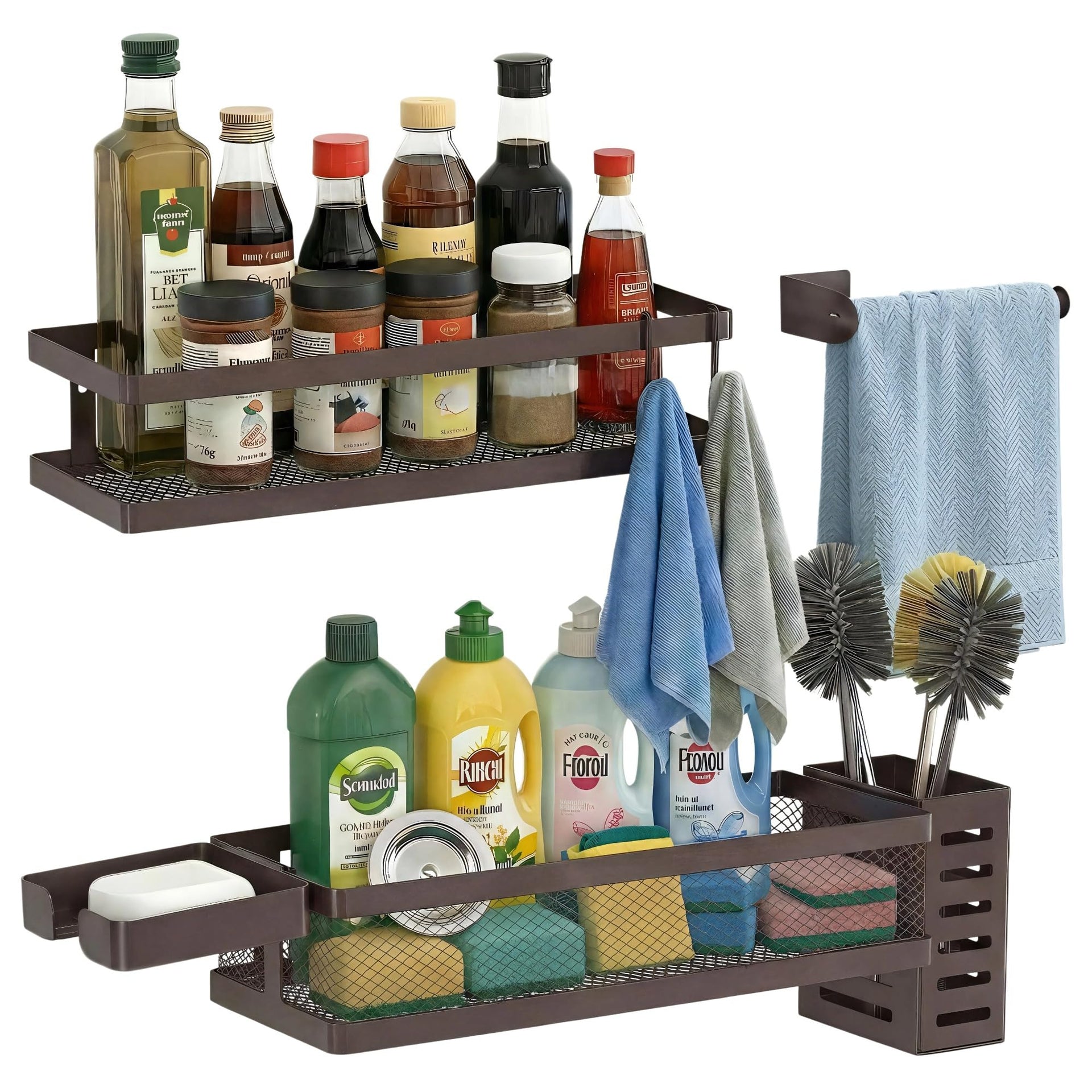 5-in-1 Shower Caddy & Kitchen Organizer Set, Wall Mount Wide Spice Rack with Paper Towel Holder, Utensil Holder, Soap Dish, Rustproof Mesh Baskets Hold 50LBS - Vintage Bronze, Guardrail
