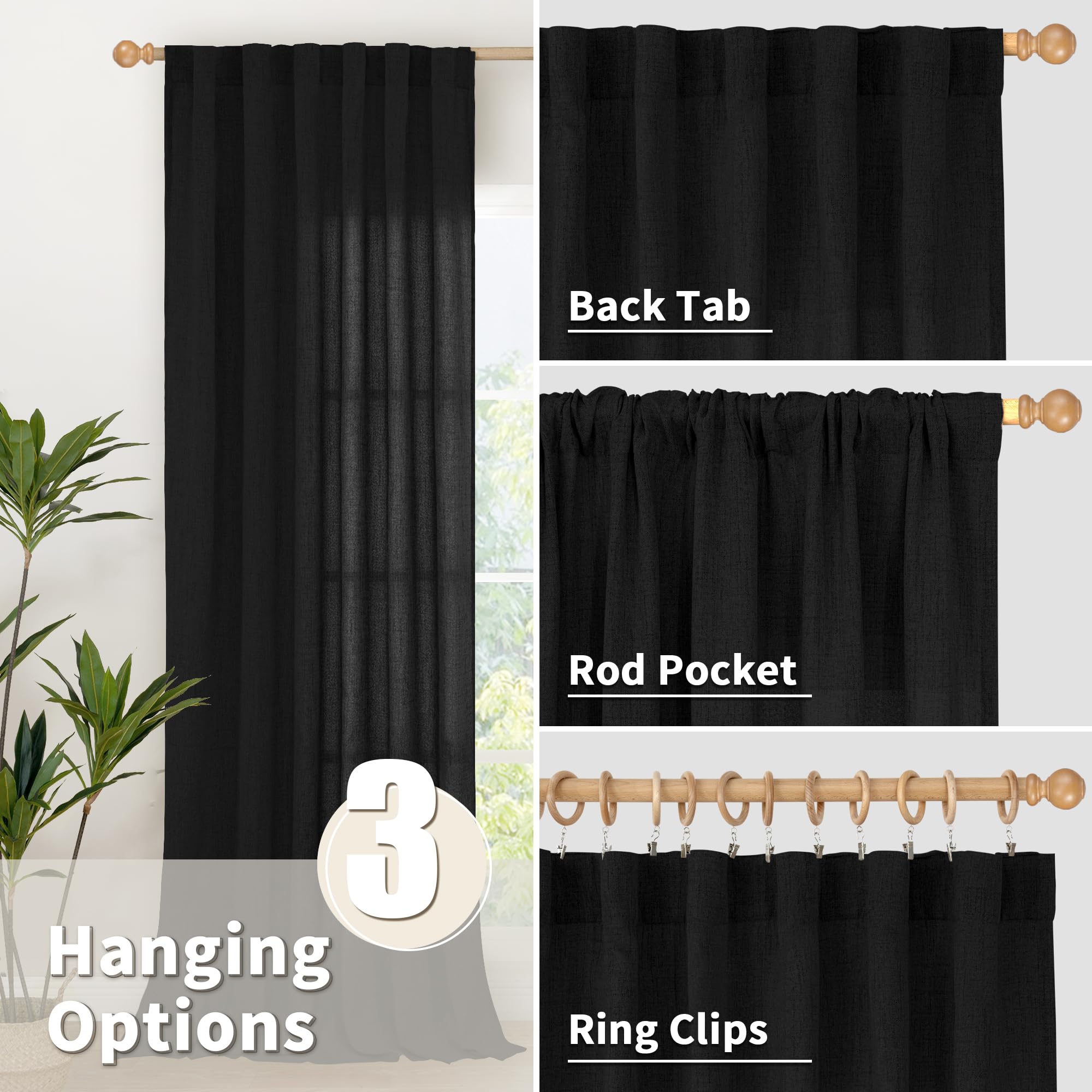 Black Linen Curtains 84 Inch Length Semi Sheer for Living Room (2 Count)