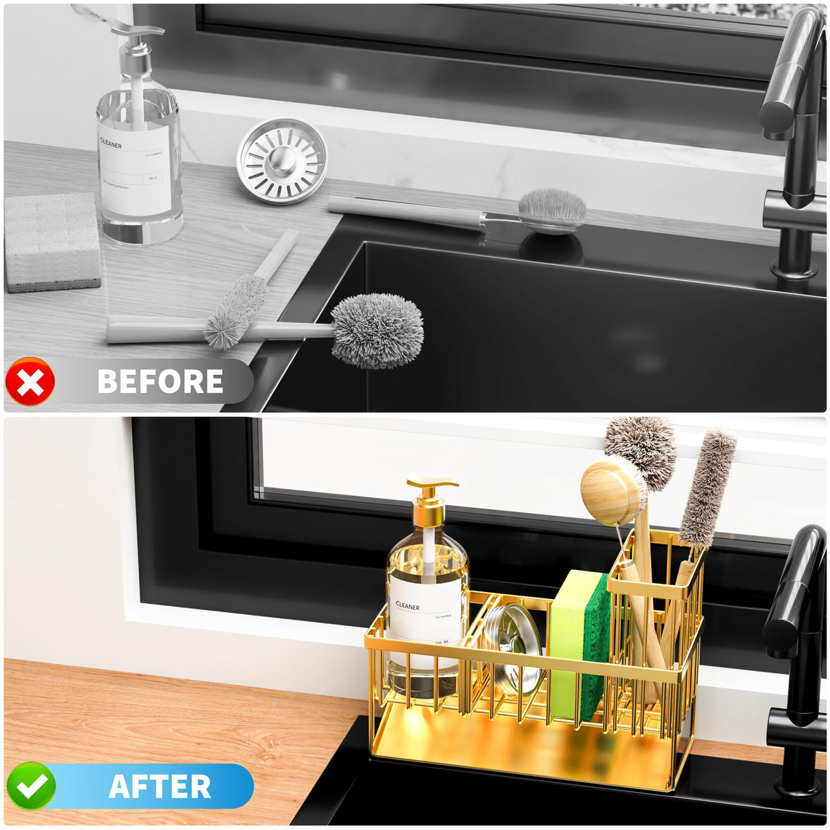 Gold Kitchen Sink Caddy Organzier with High Brush Holder