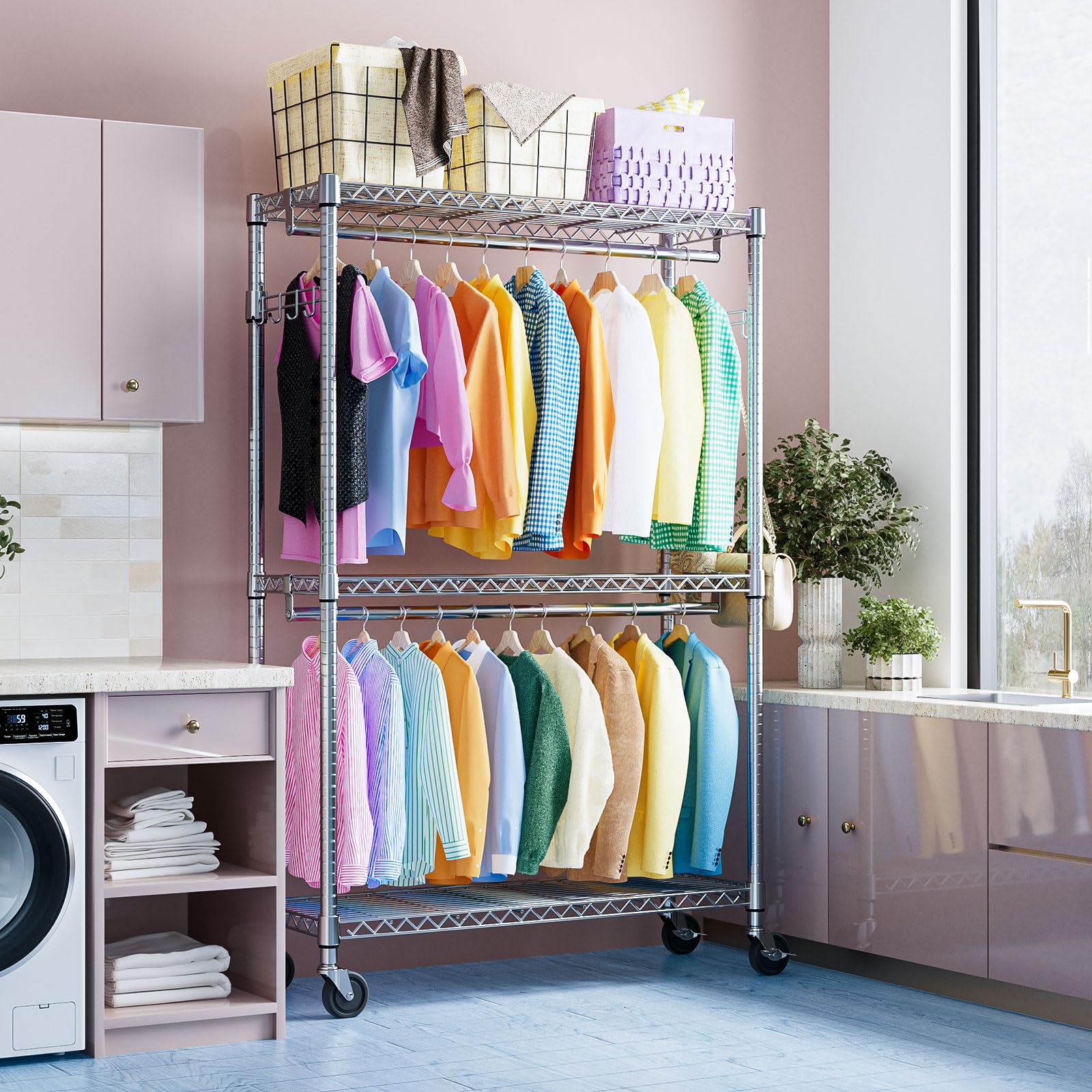 Heavy Duty Rolling Garment Rack Wire Clothes Rack for Hanging Clothes