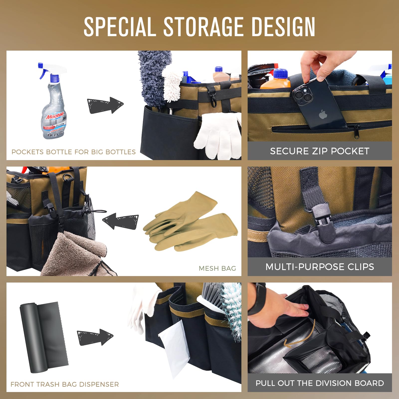 Wearable Cleaning Caddy Organizer with Handle & Shoulder Straps for Housekeepers