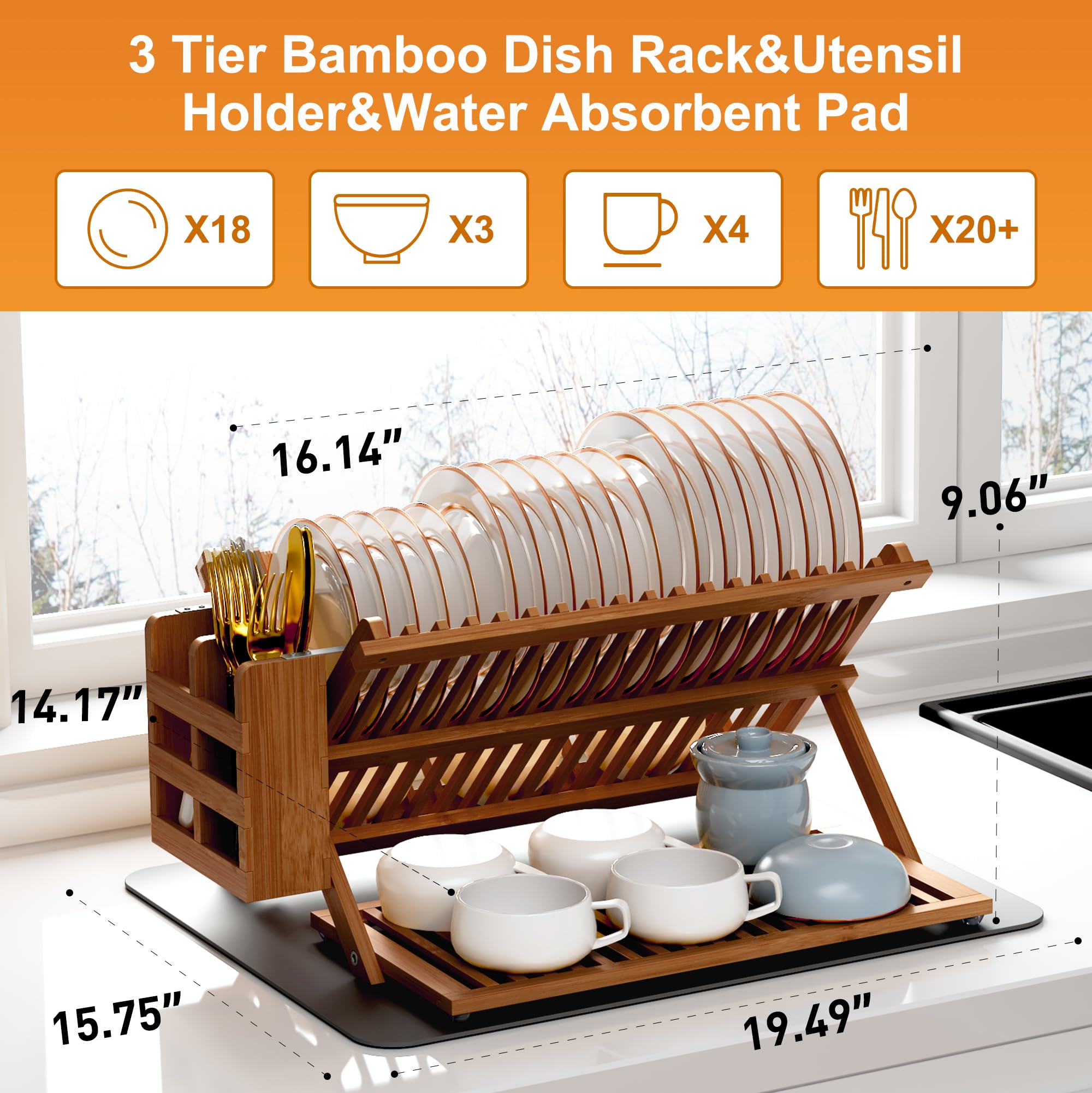 Teak Dish Drying Rack with Utensil Holder