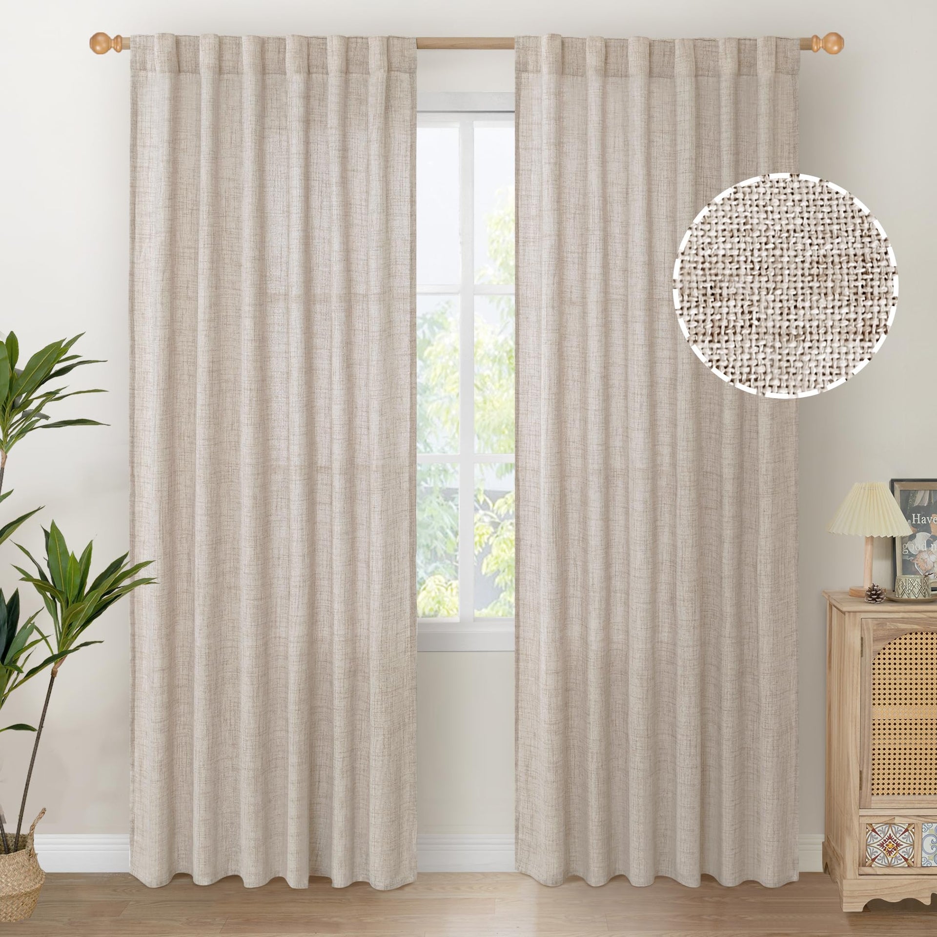 Natural Linen Curtains 80 Inch Length Light Filtering Drapes (2 Count)