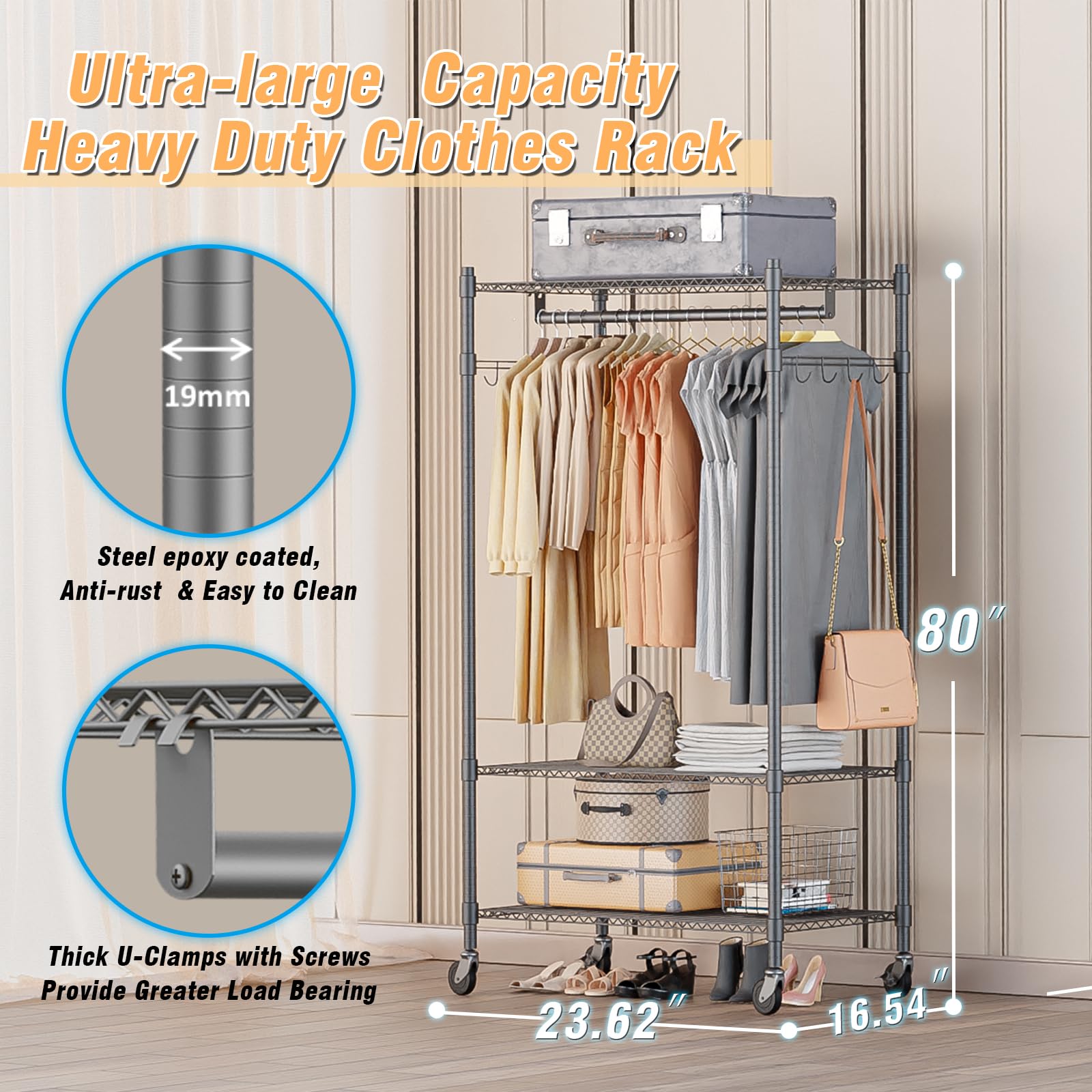 Narrow Rolling Garment Rack with Double Rods and 3 Adjustable Shelves