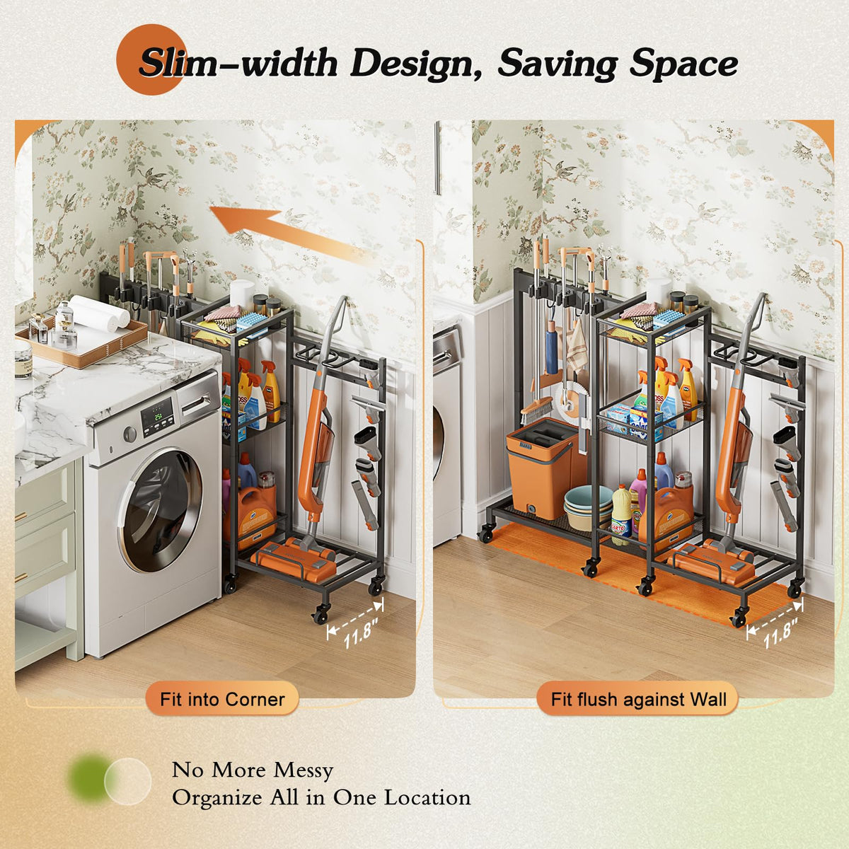 Broom Holder with Cleaning Supplies Organizer