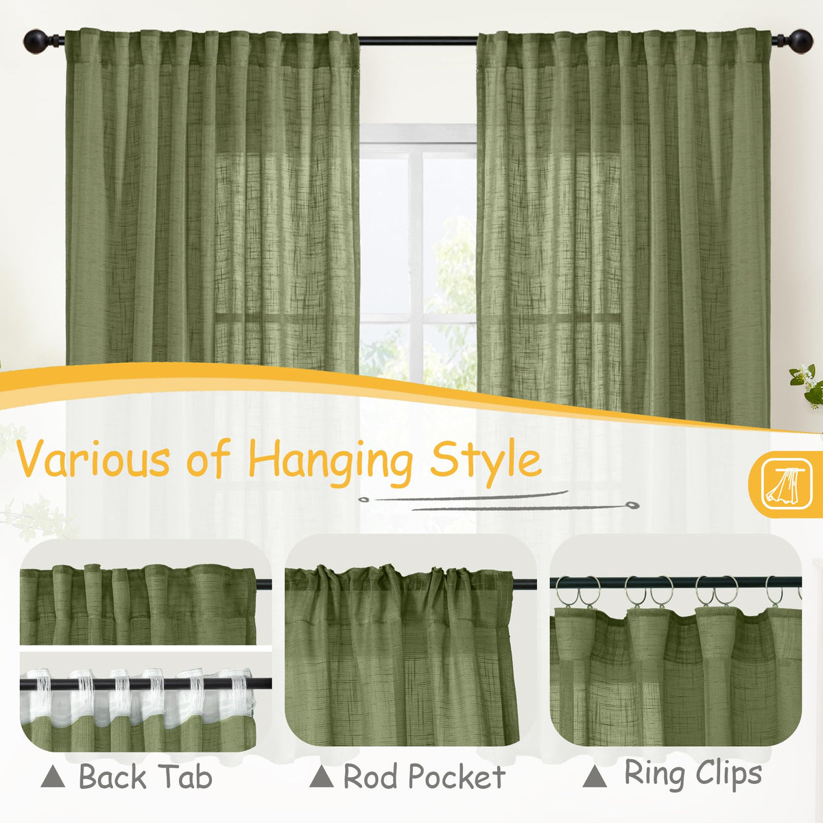 Olive Green Linen Semi Sheer Curtains 95 Inch Length (2 Count)