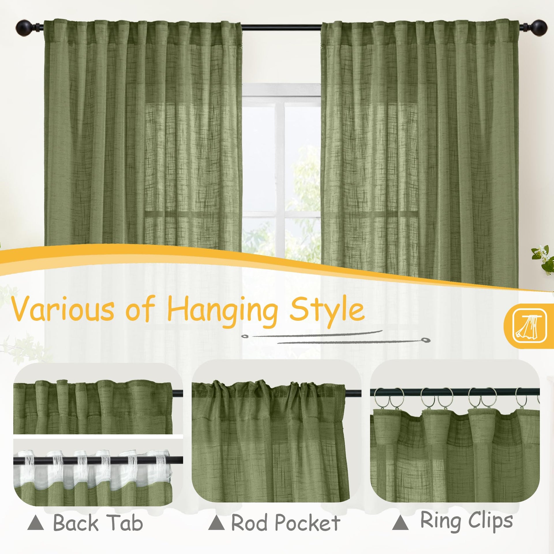 Olive Green Linen Curtains 45 Inch Length (2 Count)