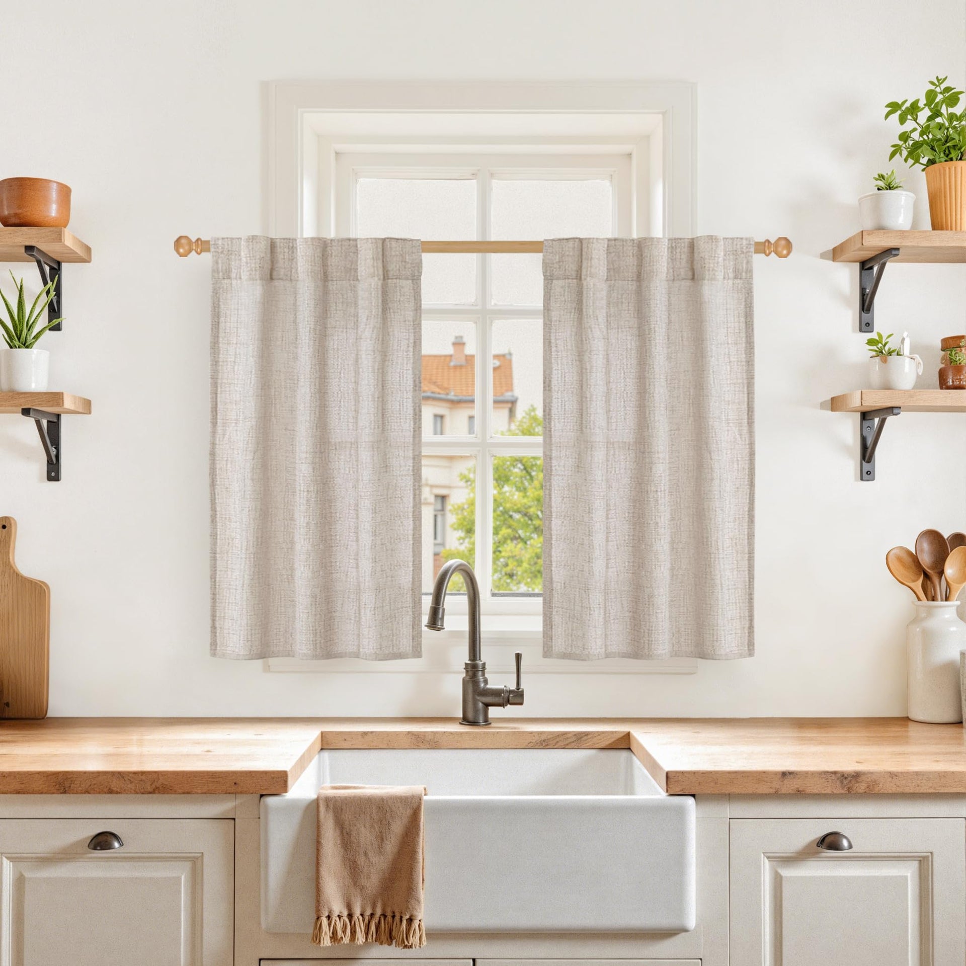 Linen Semi Sheer Curtains 30X36 Inch for Kitchen Cafe Window Over Sink (2 Count)