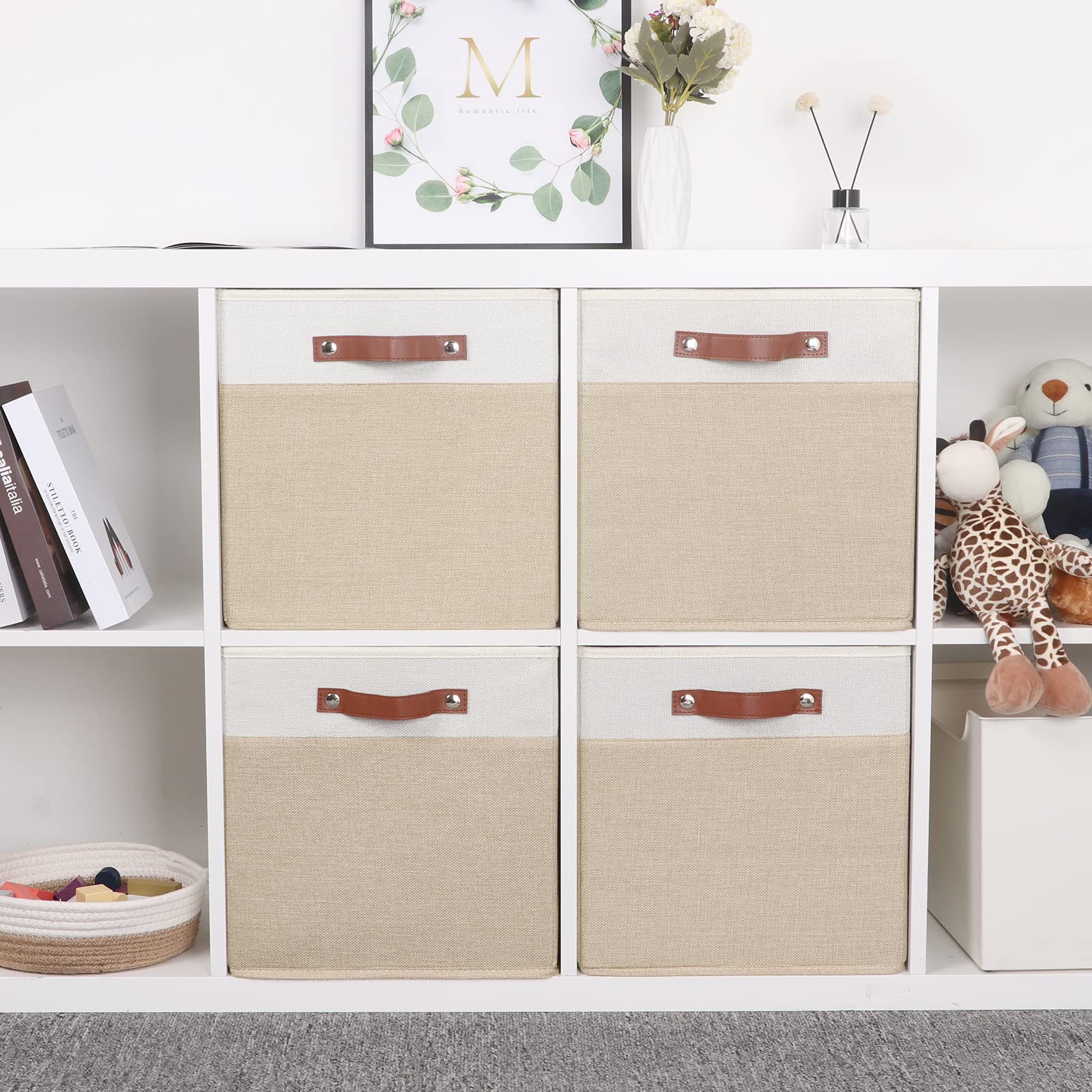 Cube Storage Bins 13 Inch Fabric Storage Cubes Storage Baskets for Shelves Closet Baskets for Cube Storage with Leather Handles