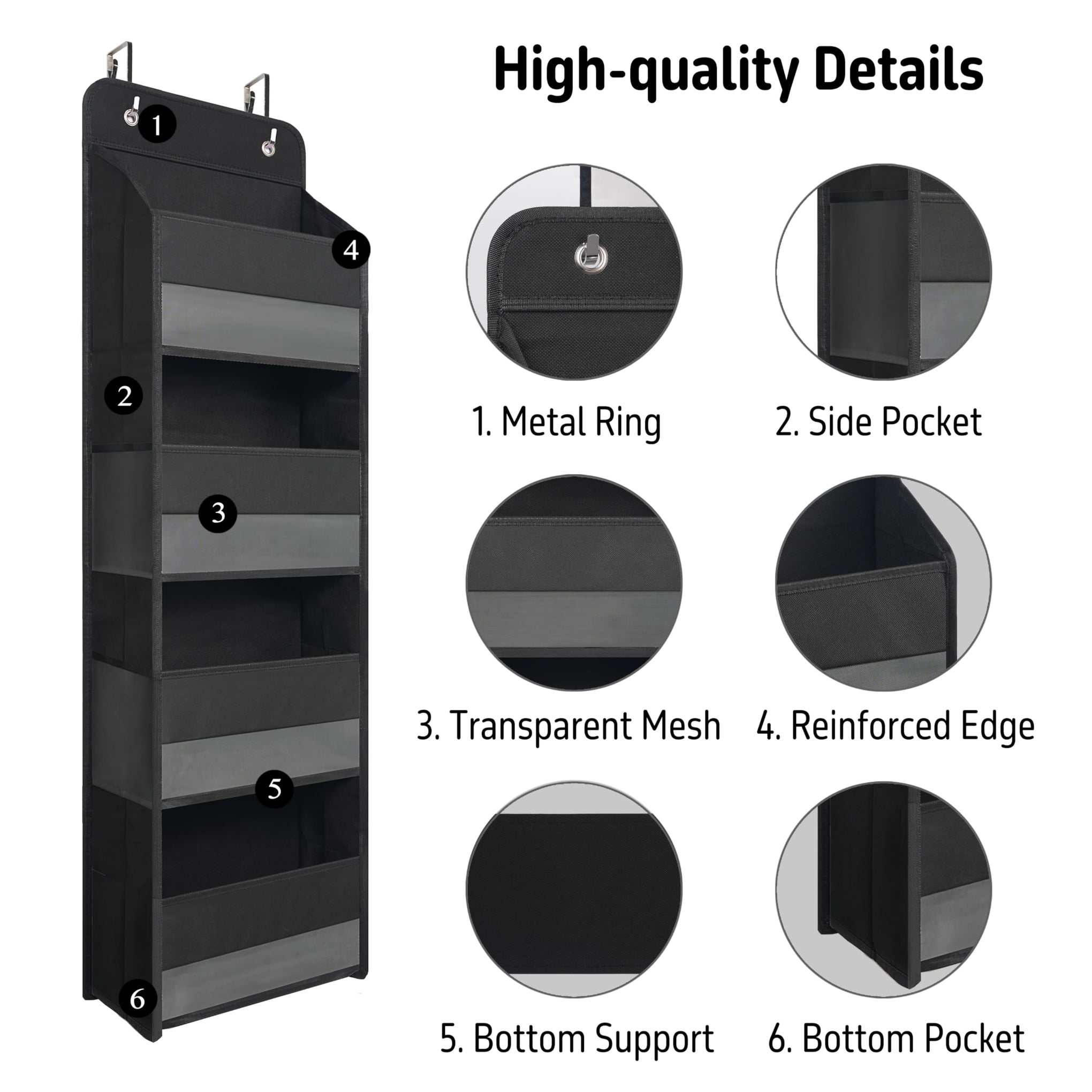 Black Over Door Organizer with 4 Large Clear Pockets
