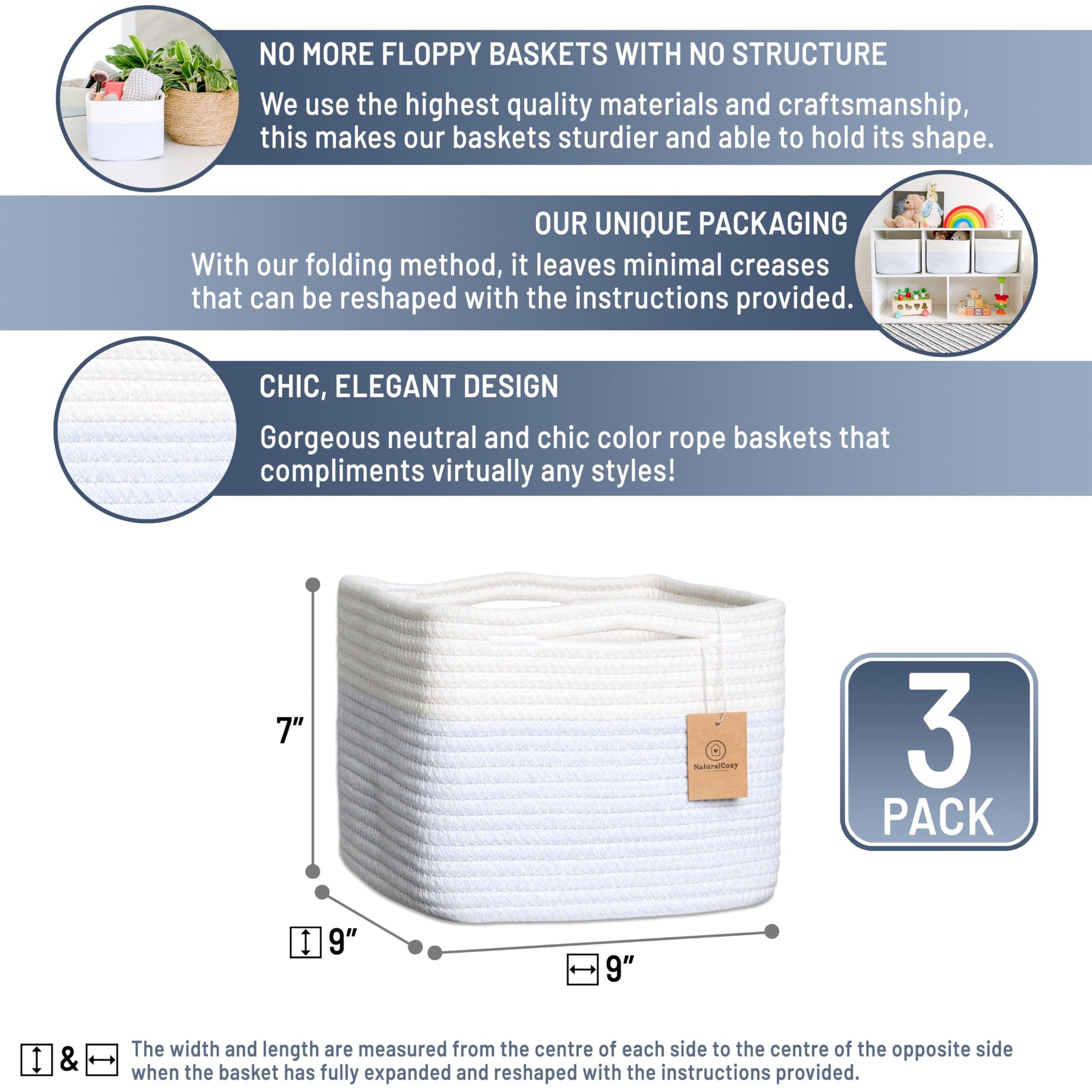 Storage Cubes 9”x9”x7”Cotton Rope Woven Baskets for Organizing 3 (3 Count)