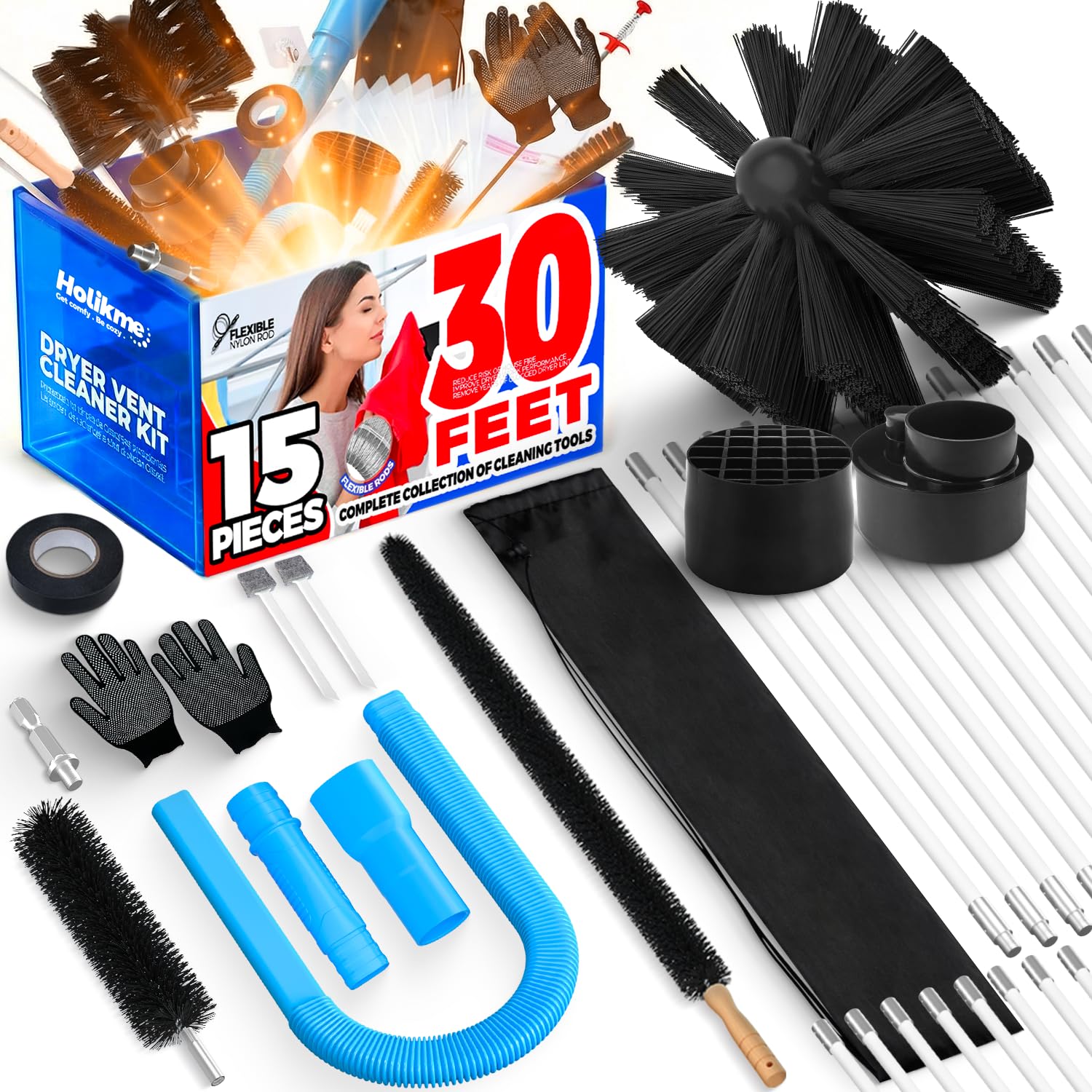 30FT Dryer Vent Cleaner Kit 15Pcs