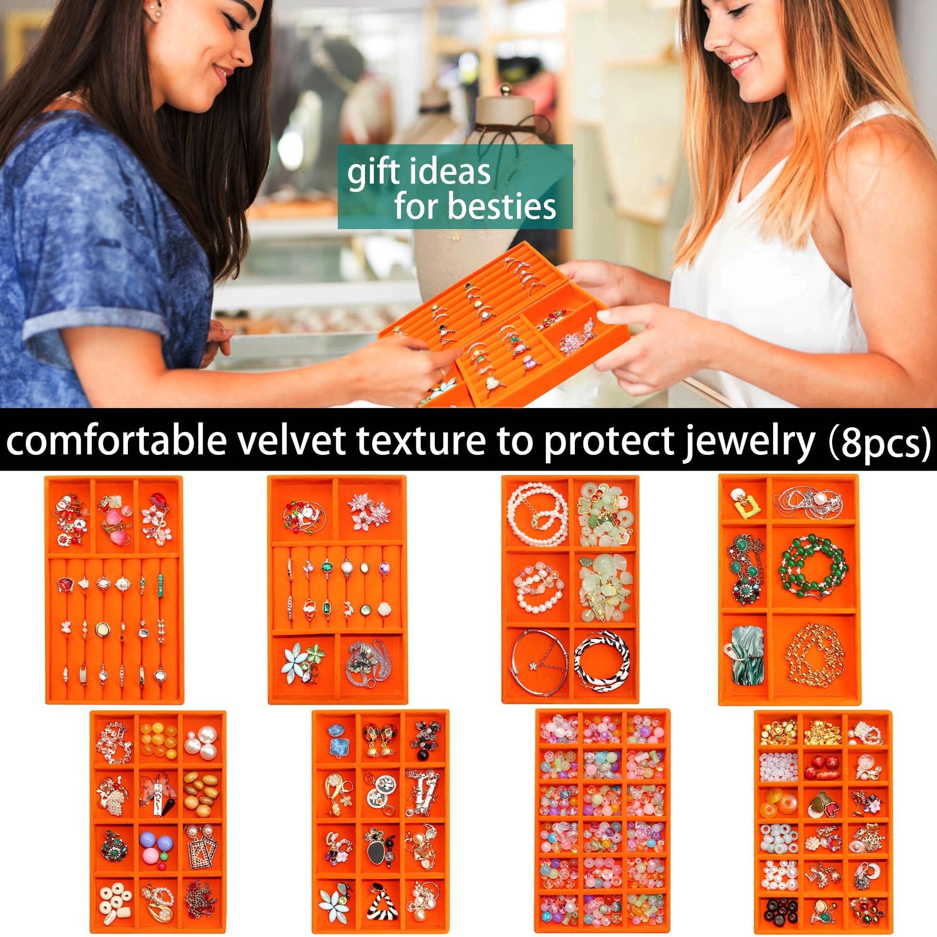 Jewelry Organizer Tray Stackable Velvet Jewelry Trays Drawer Inserts Earring Ring Necklace Organizer Display Case (8 Count)